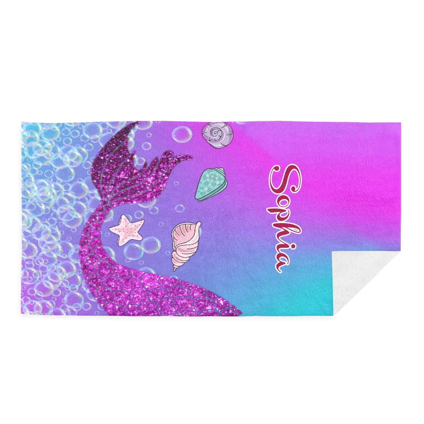 Mermaid Tail Beach Towel Custom Cotton/Poly Blend Pool Towel - Blue - Personalize with Your Name - Standard Size