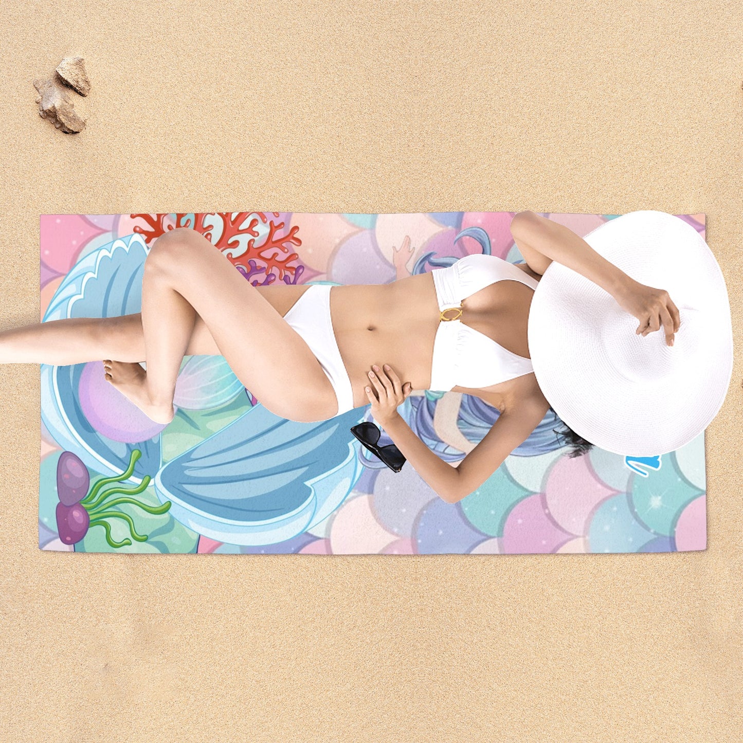 Cute Mermaid Beach Towel Custom Cotton/Poly Blend Pool Towel - Blue - Personalize with Your Name - Standard Size
