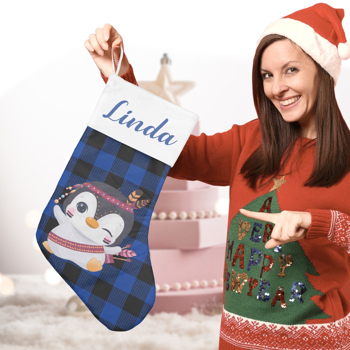 Blue Buffalo Penguin Christmas Stocking Custom Name Christmas Socks Gift