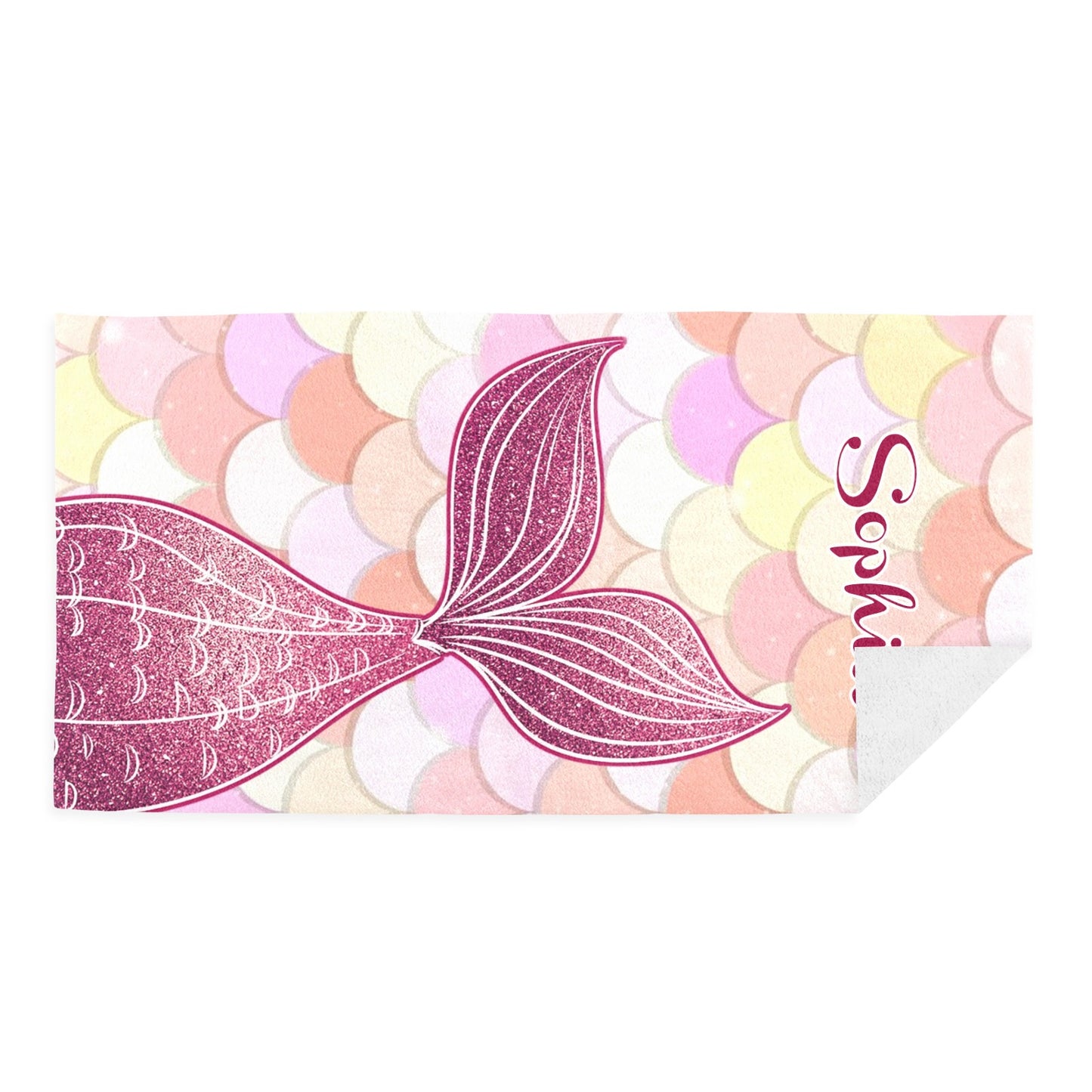 Red Mermaid Tail Beach Towel Custom Cotton/Poly Blend Pool Towel - Blue - Personalize with Your Name - Standard Size