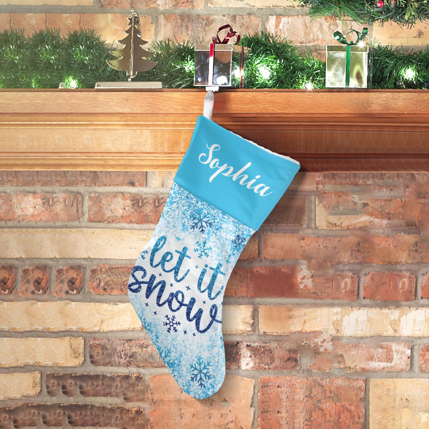 Let It Snow Blue Christmas Stocking Custom Name Christmas Socks Gift