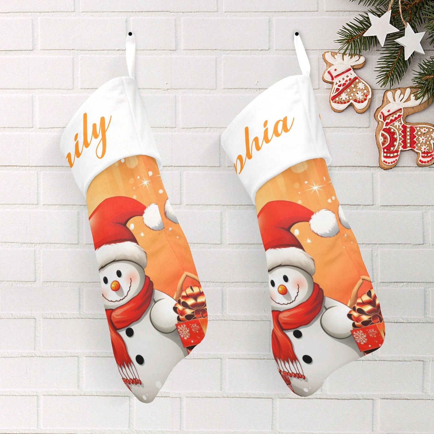 Snowman Orange Christmas Stocking Custom Name Christmas Socks Gift