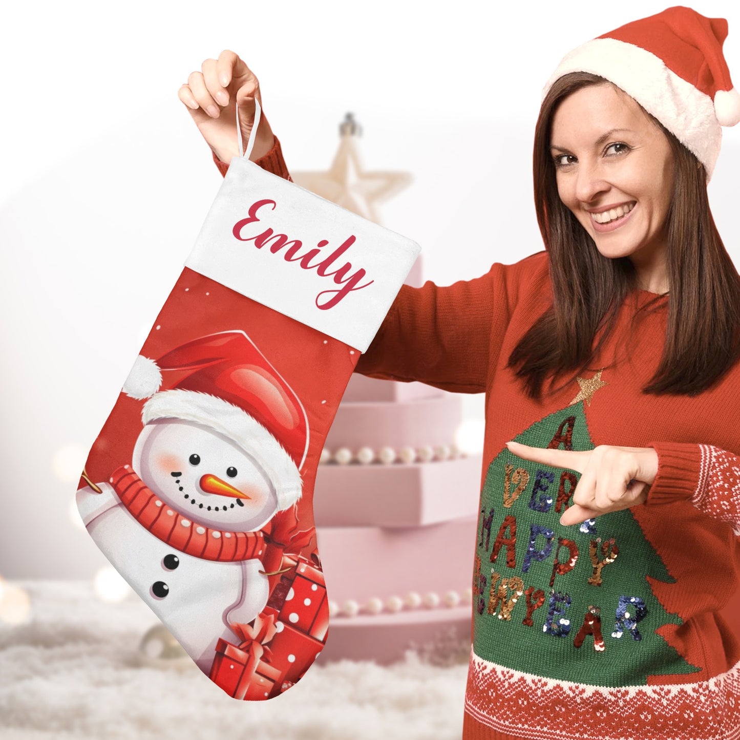 Snowman Red Christmas Stocking Custom Name Christmas Socks Gift