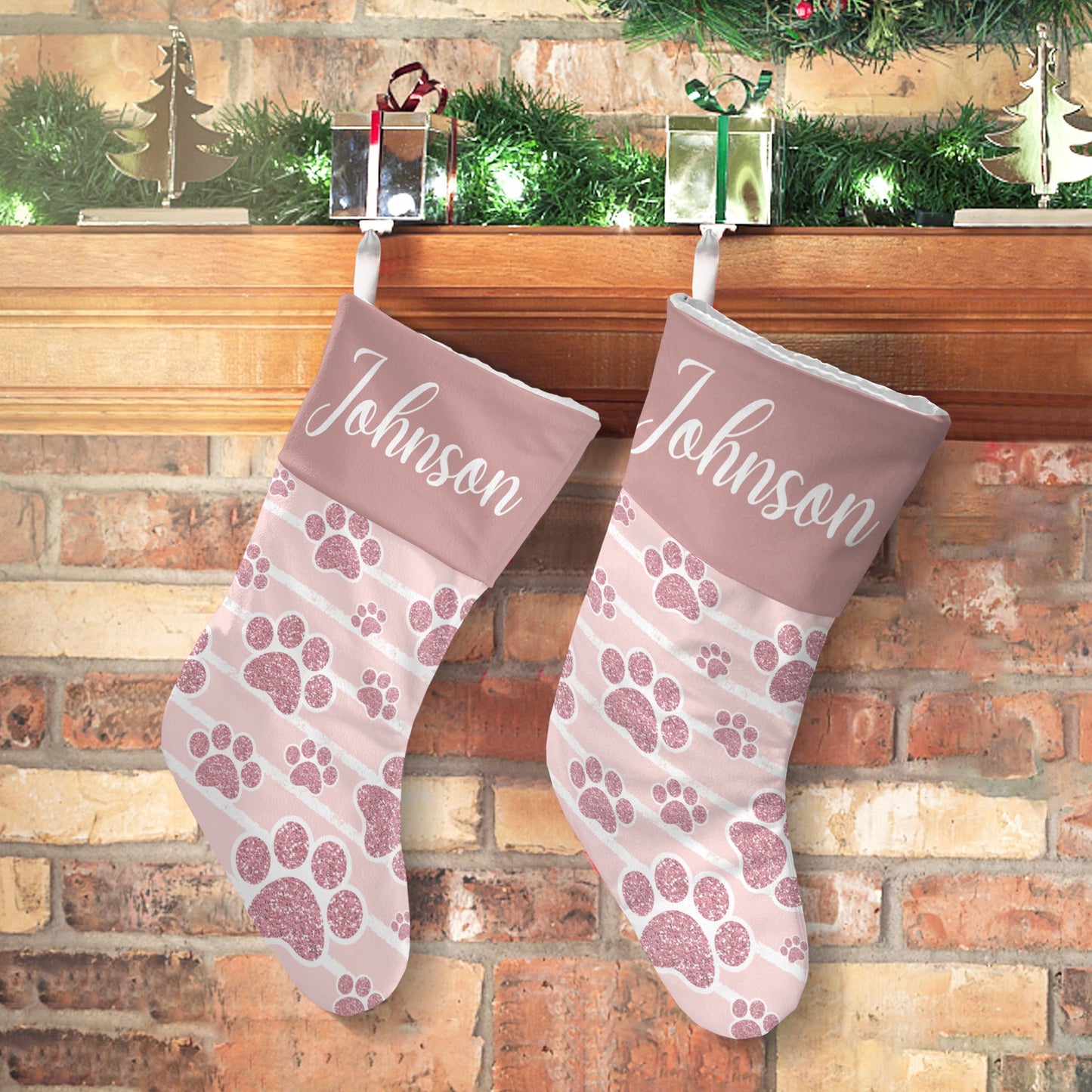 Pink Dog Paw Christmas Stocking Custom Name Christmas Socks Gift