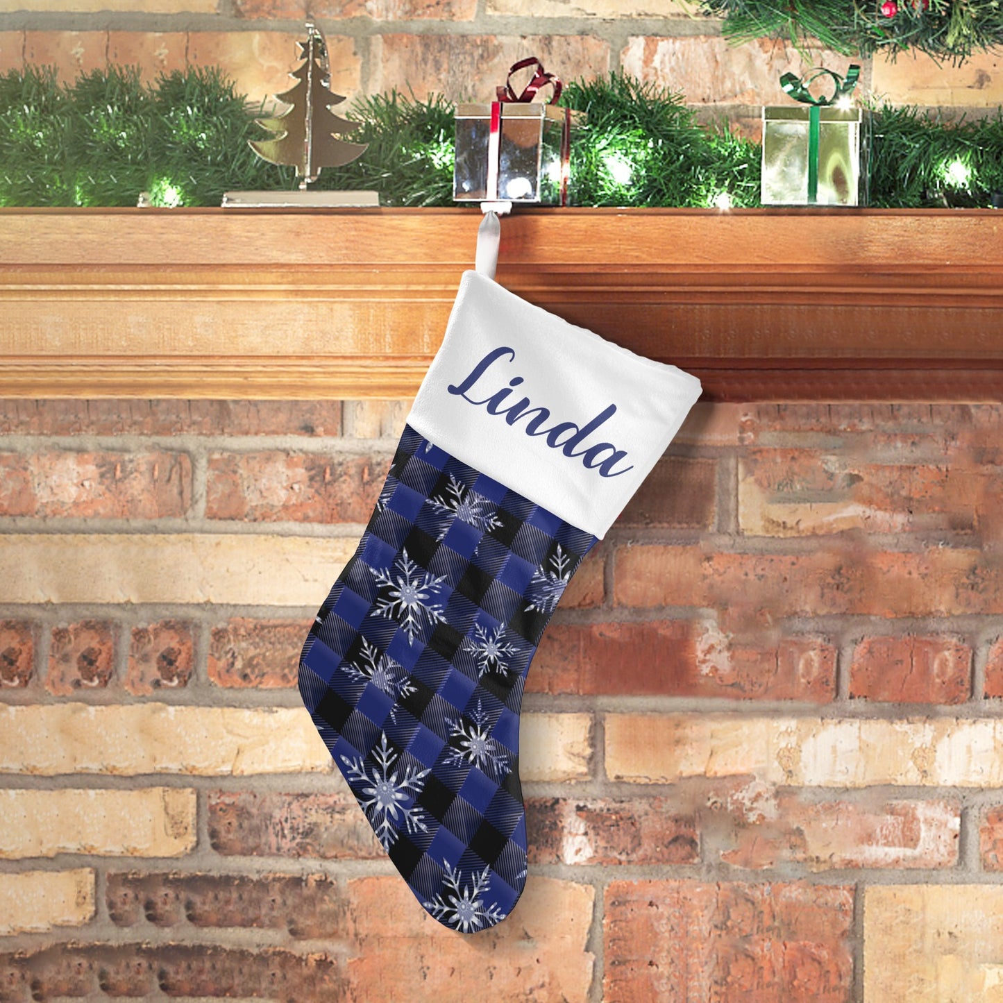 Blue Plaid Snowflakes Christmas Stocking Custom Name Christmas Socks Gift