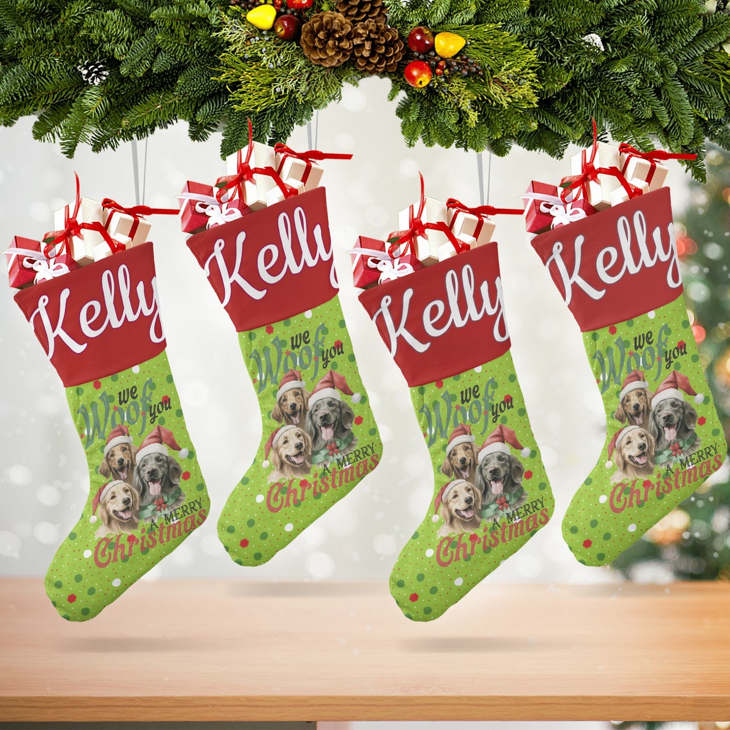 Puppy Dot Flower Christmas Stocking Custom Name Santa Socks Gift