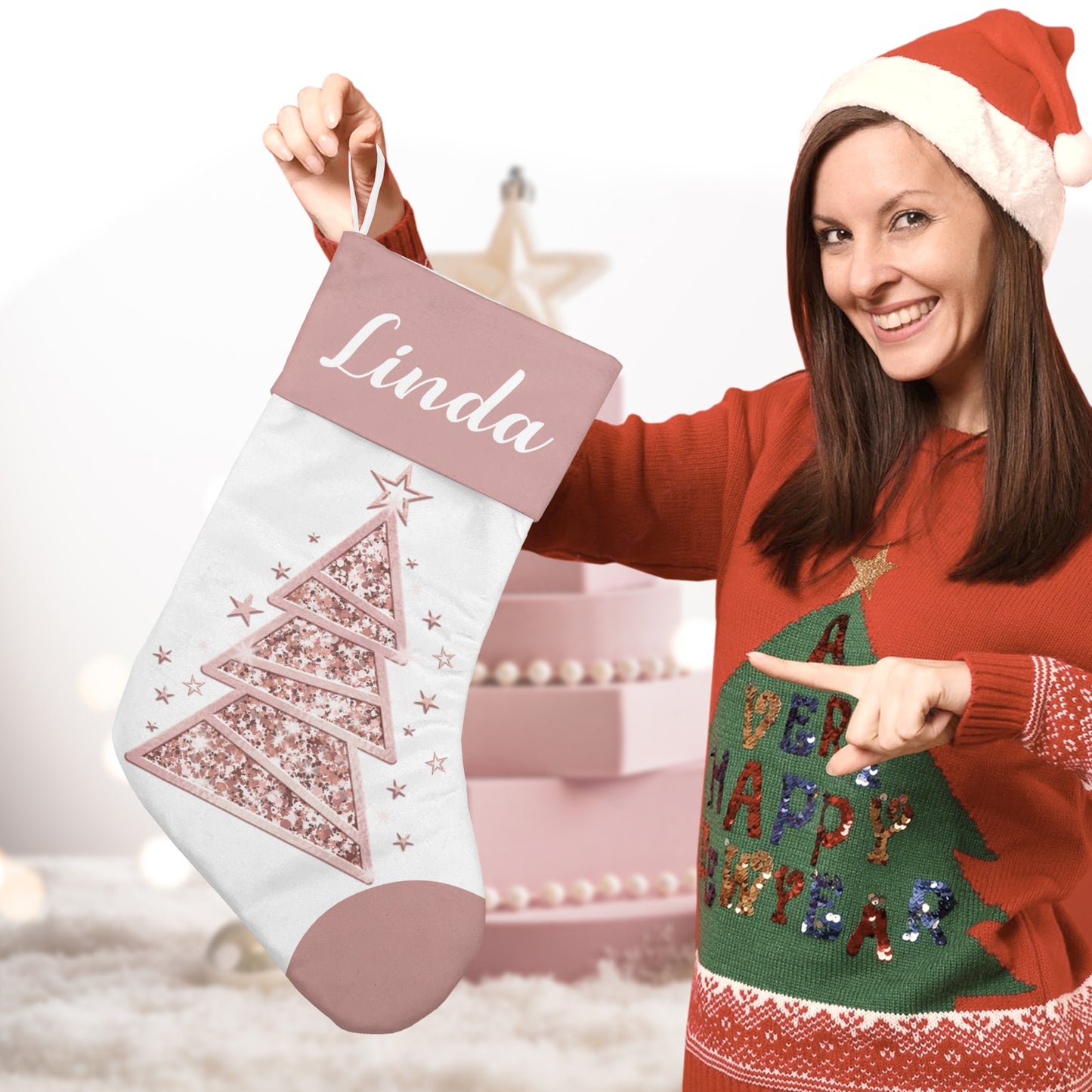 Christmas Tree Rose Gold Christmas Stocking Custom Name Christmas Socks Gift