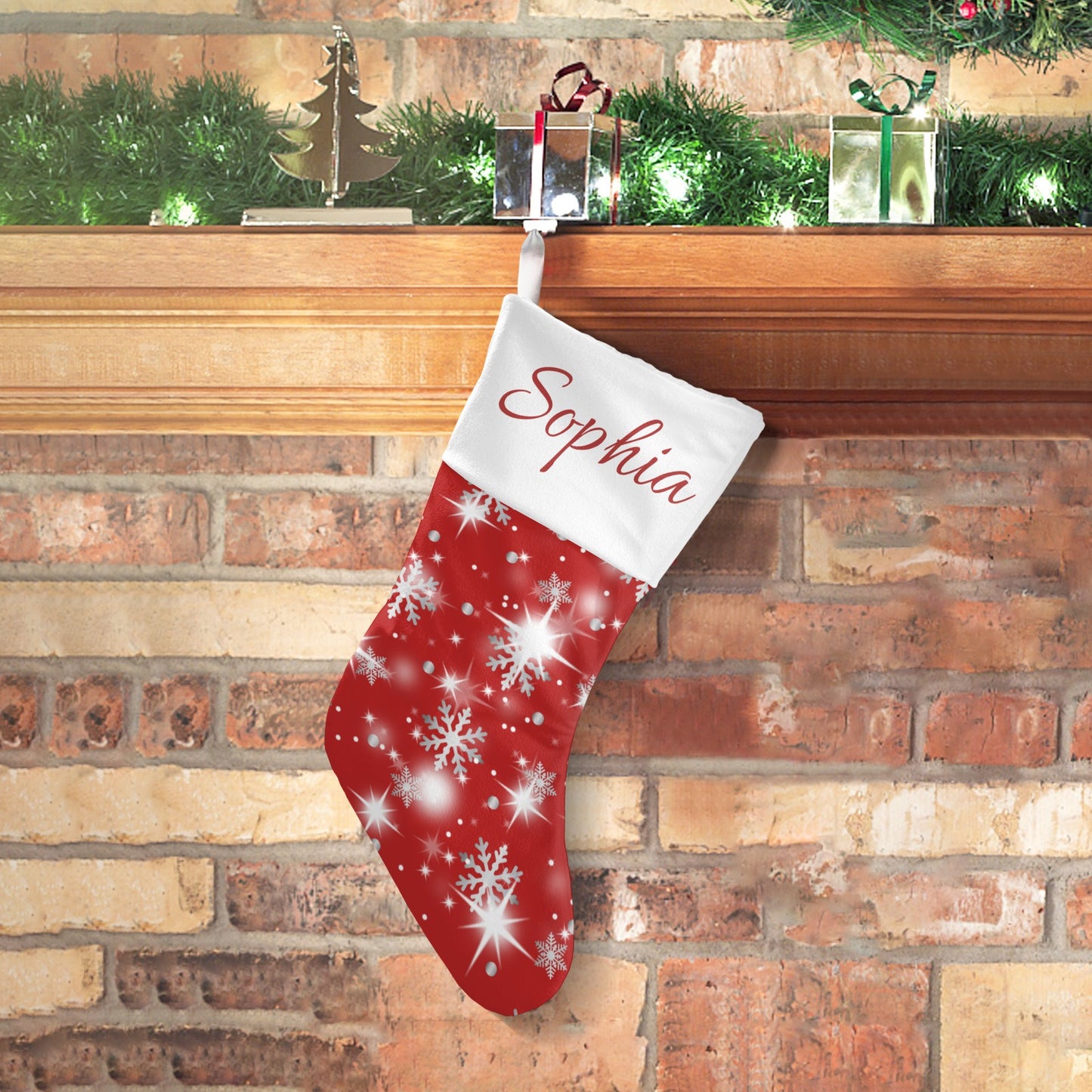 Snow flake red Christmas Stocking Custom Name Santa Socks Gift