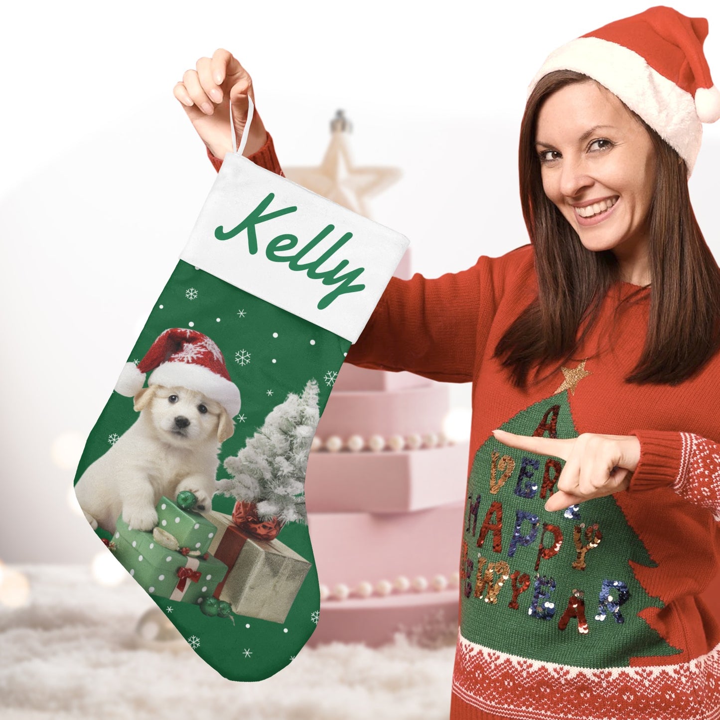 Green Dog Christmas Stocking Custom Name Santa Socks Gift