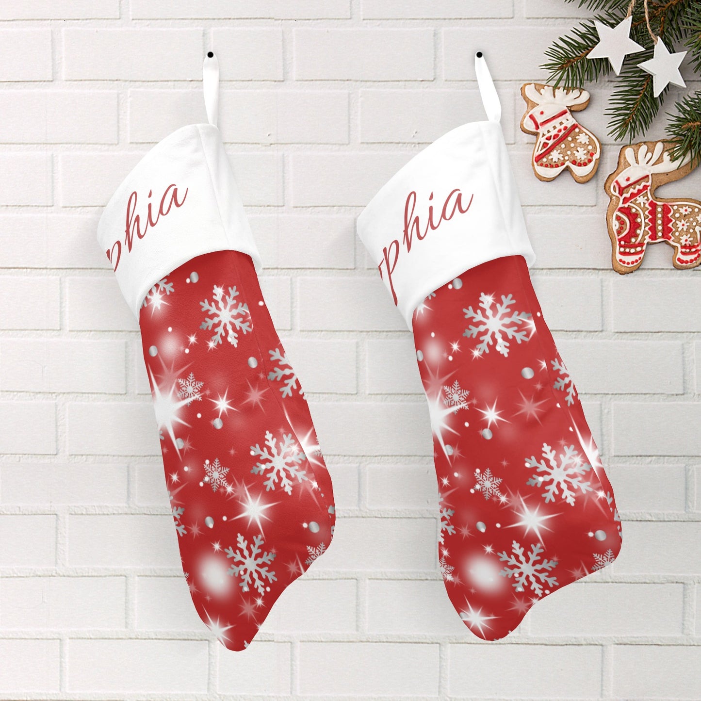 Snow flake red Christmas Stocking Custom Name Santa Socks Gift