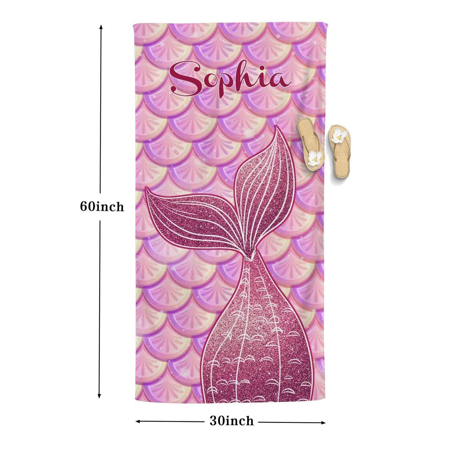 Mermaid Tail Purple Beach Towel Custom Cotton/Poly Blend Pool Towel - Blue - Personalize with Your Name - Standard Size