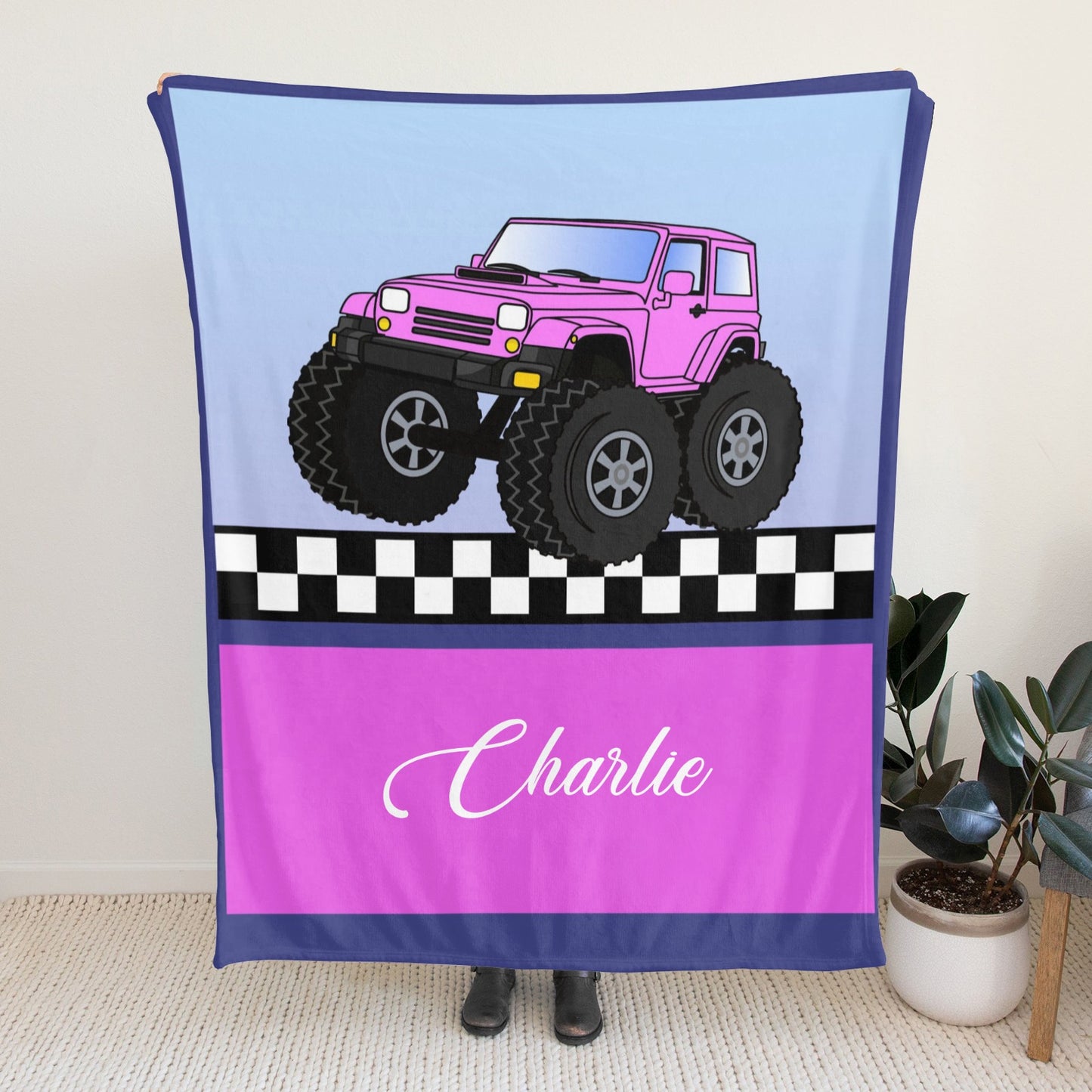 Truck Pink Flannel Blanket Custom Name Blanket Gift for Men Women