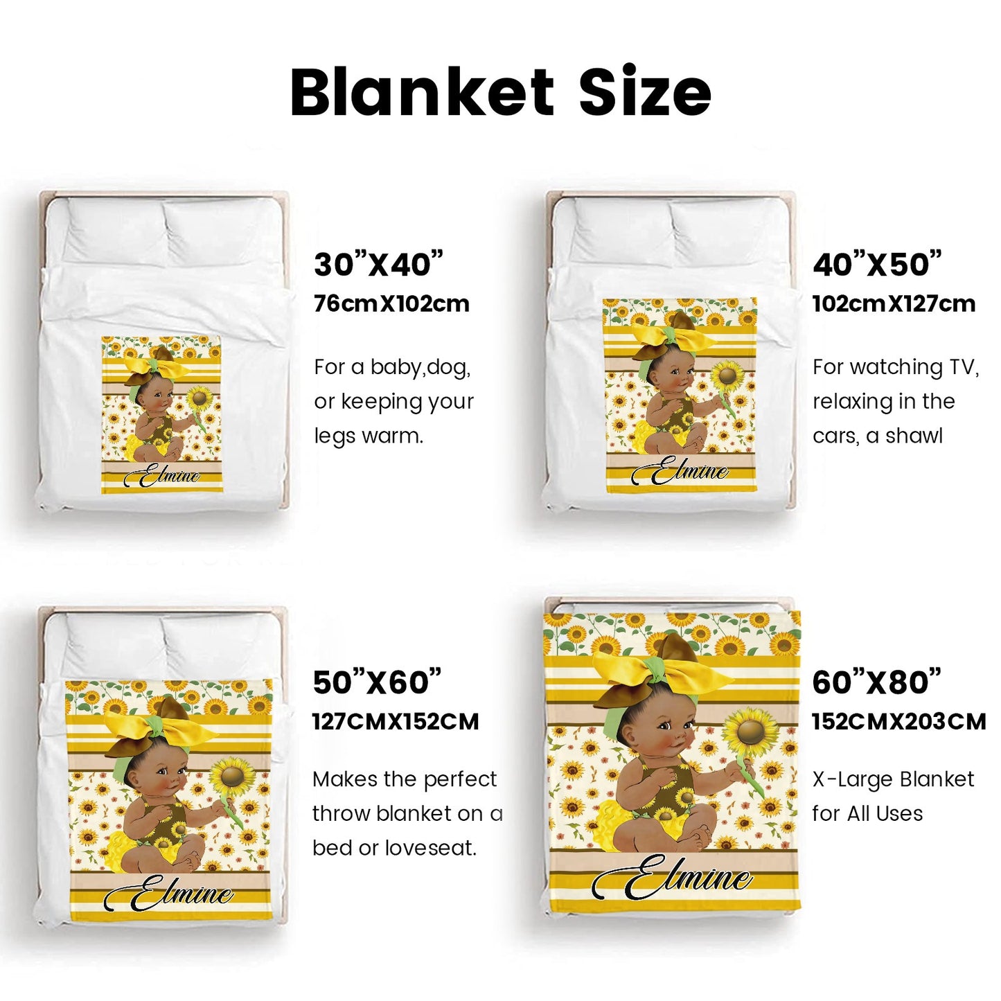 Sunflower Girl Flannel Blanket Custom Name Blanket Gift for Men Women
