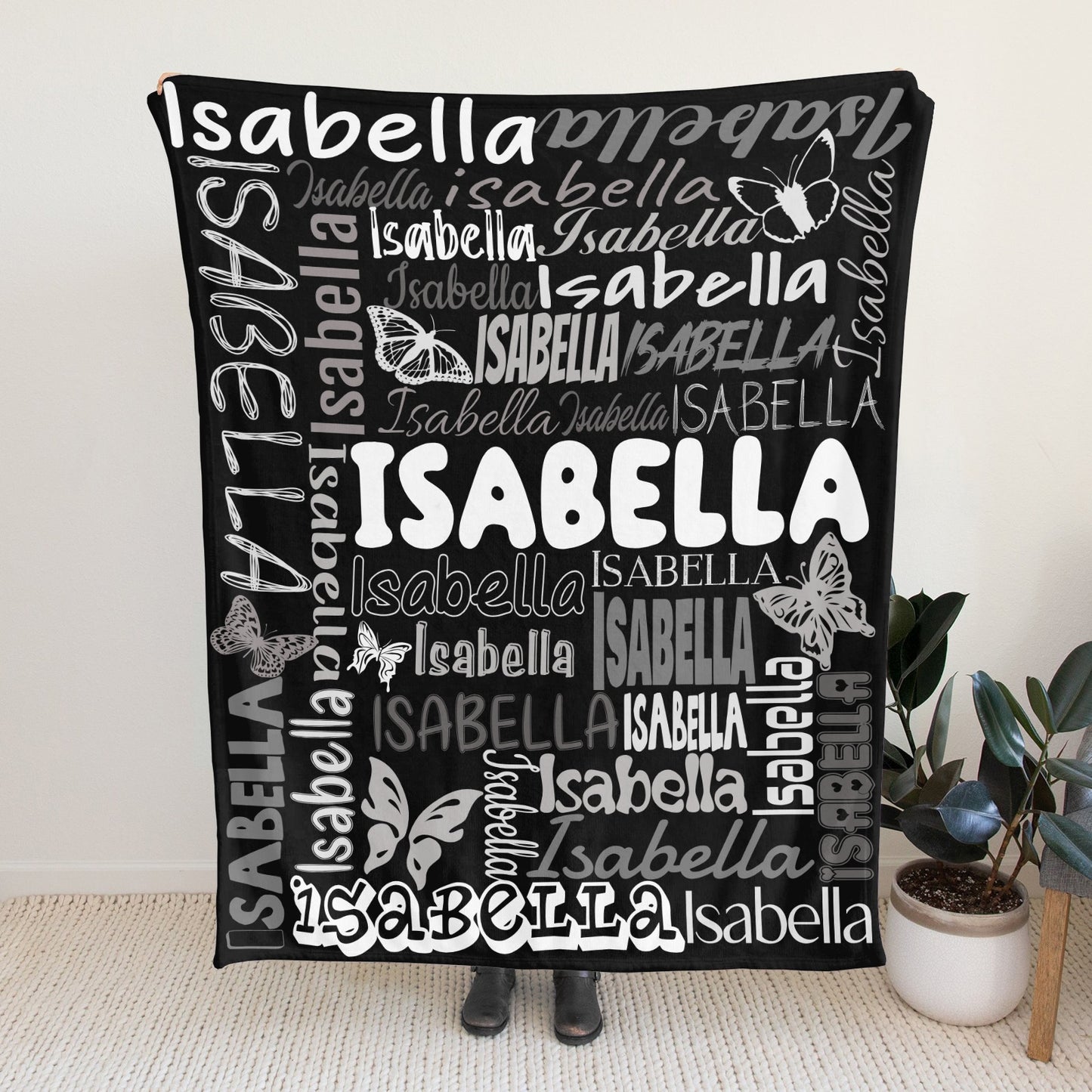 Black Flannel Blanket Name Blanket Personalized Blanket for Adult Kids Flannel Customize Throw Blanket Custom