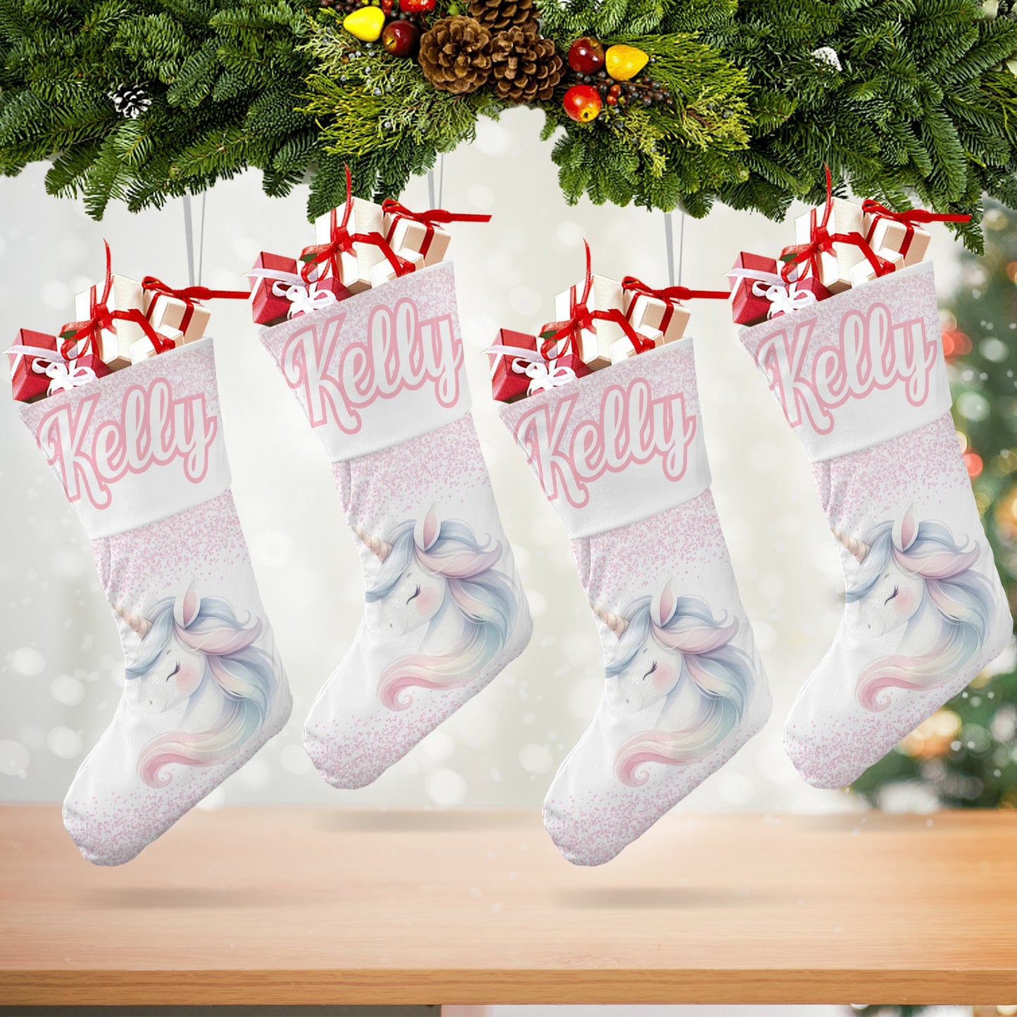 Pink Unicorn Christmas Stocking Custom Name Santa Socks Gift