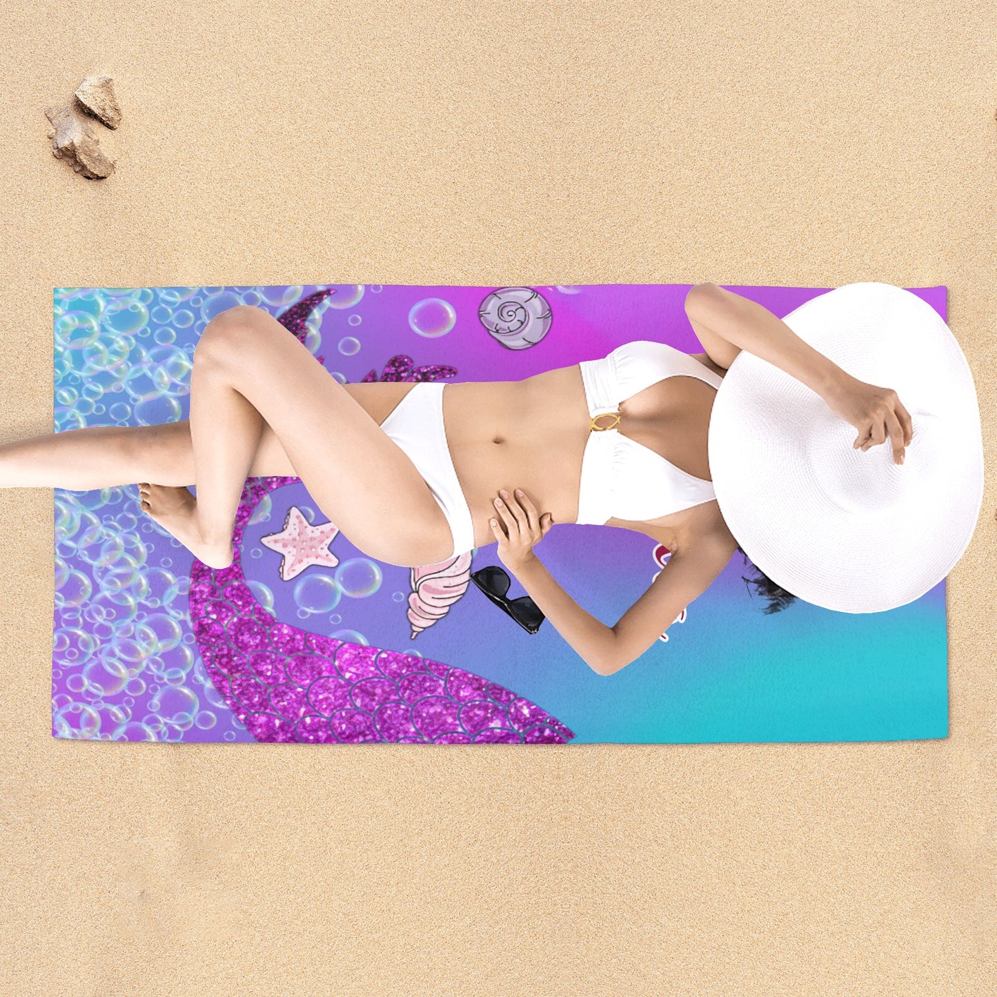 Mermaid Tail Beach Towel Custom Cotton/Poly Blend Pool Towel - Blue - Personalize with Your Name - Standard Size
