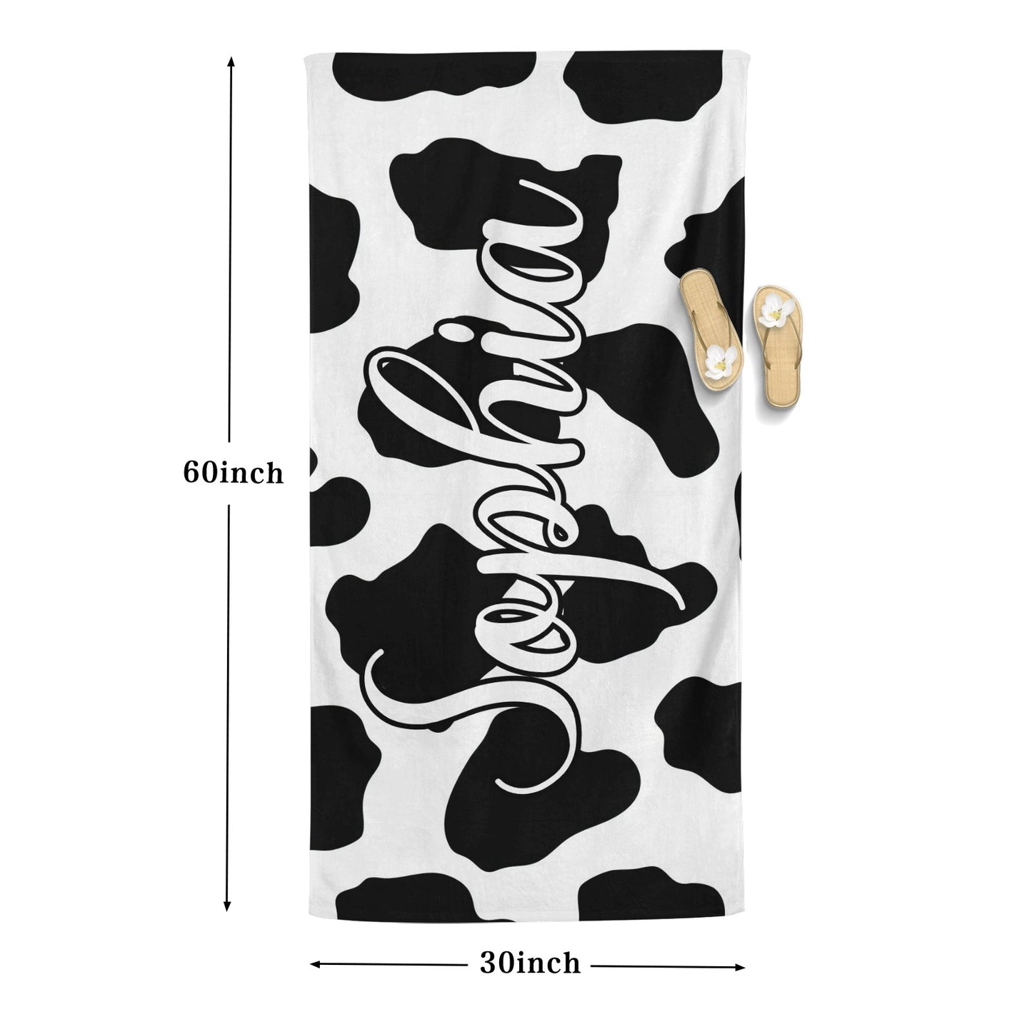 Cow Print Beach Towel Custom Cotton/Poly Blend Pool Towel - Blue - Personalize with Your Name - Standard Size