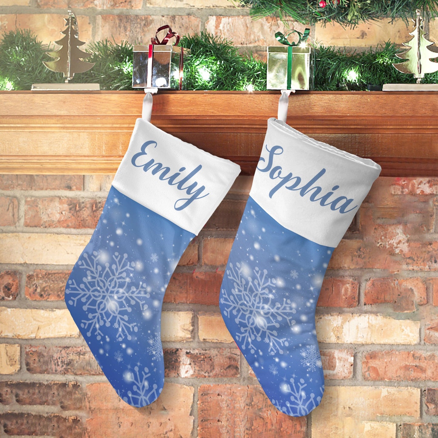 Snowflakes Blue Christmas Stocking Custom Name Christmas Socks Gift