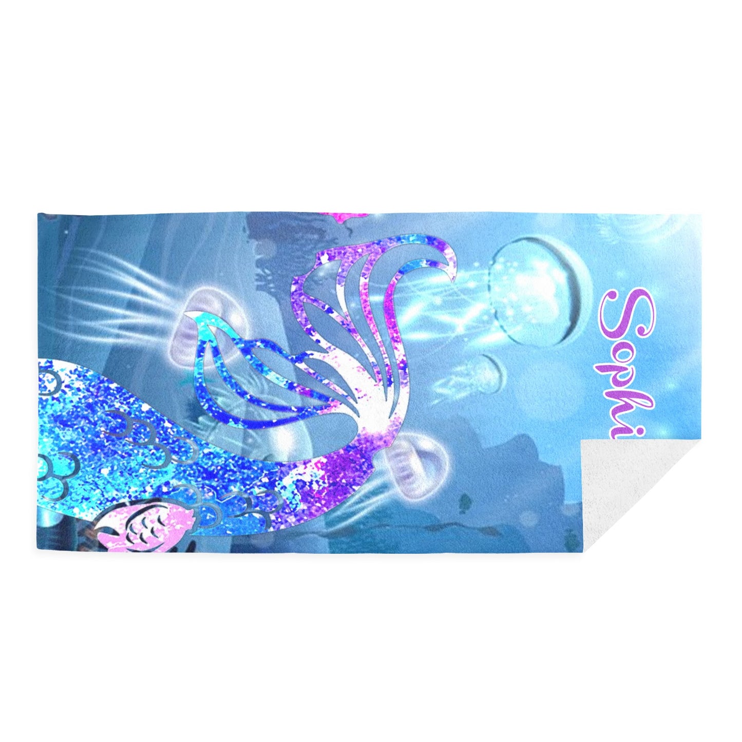 Mermaid Tail Beach Towel Custom Cotton/Poly Blend Pool Towel - Blue - Personalize with Your Name - Standard Size