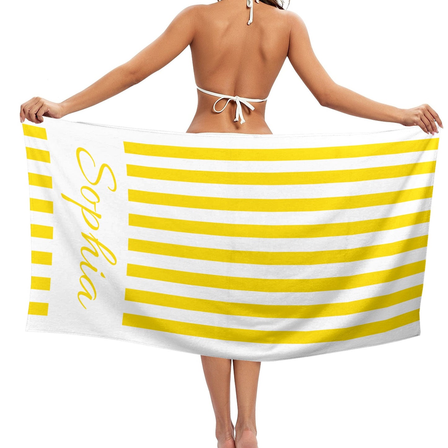 Yellow Stripe Beach Towel Custom Cotton/Poly Blend Pool Towel - Blue - Personalize with Your Name - Standard Size