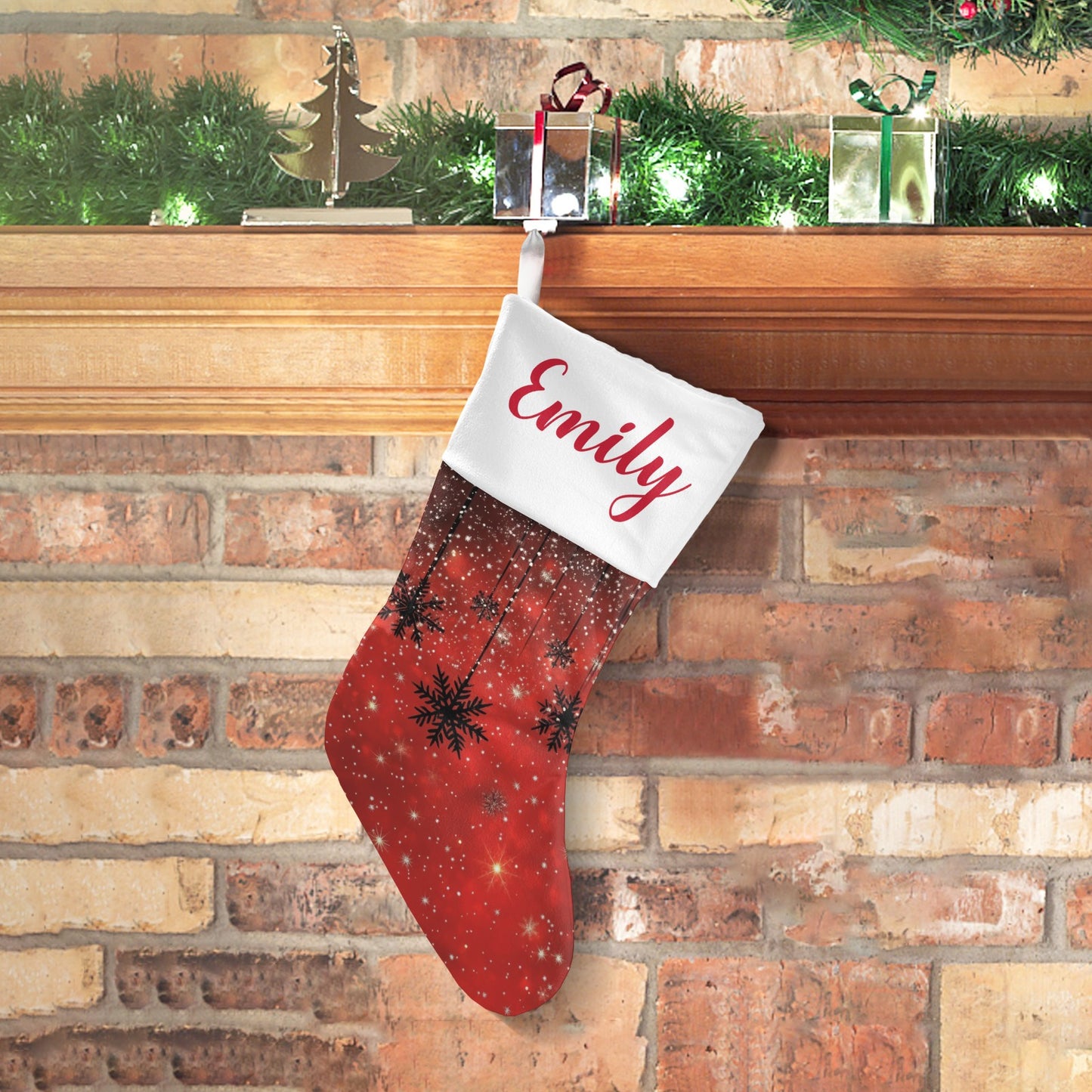 Snowflakes Red Christmas Stocking Custom Name Christmas Socks Gift