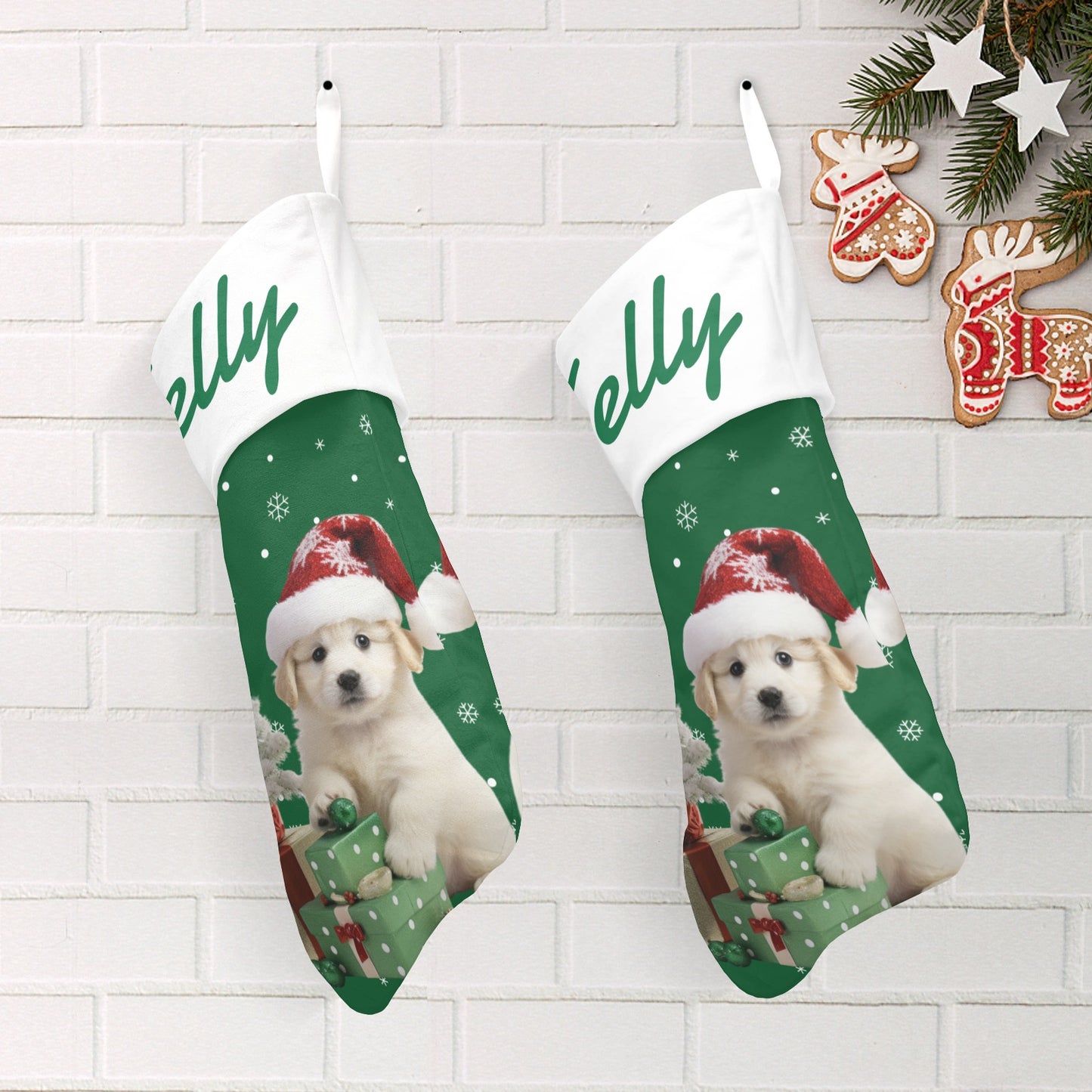 Green Dog Christmas Stocking Custom Name Santa Socks Gift