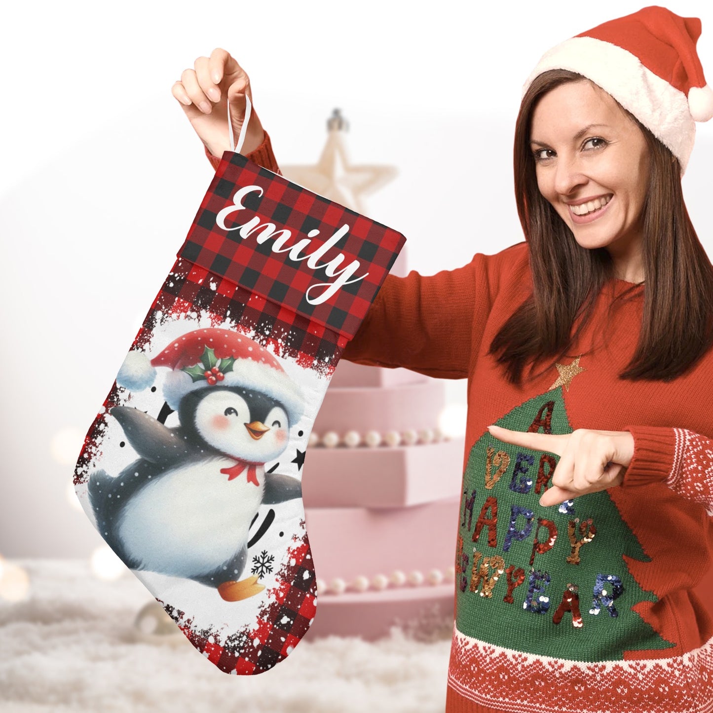 Buffalo Plaid Penguin Christmas Stocking Custom Name Christmas Socks Gift