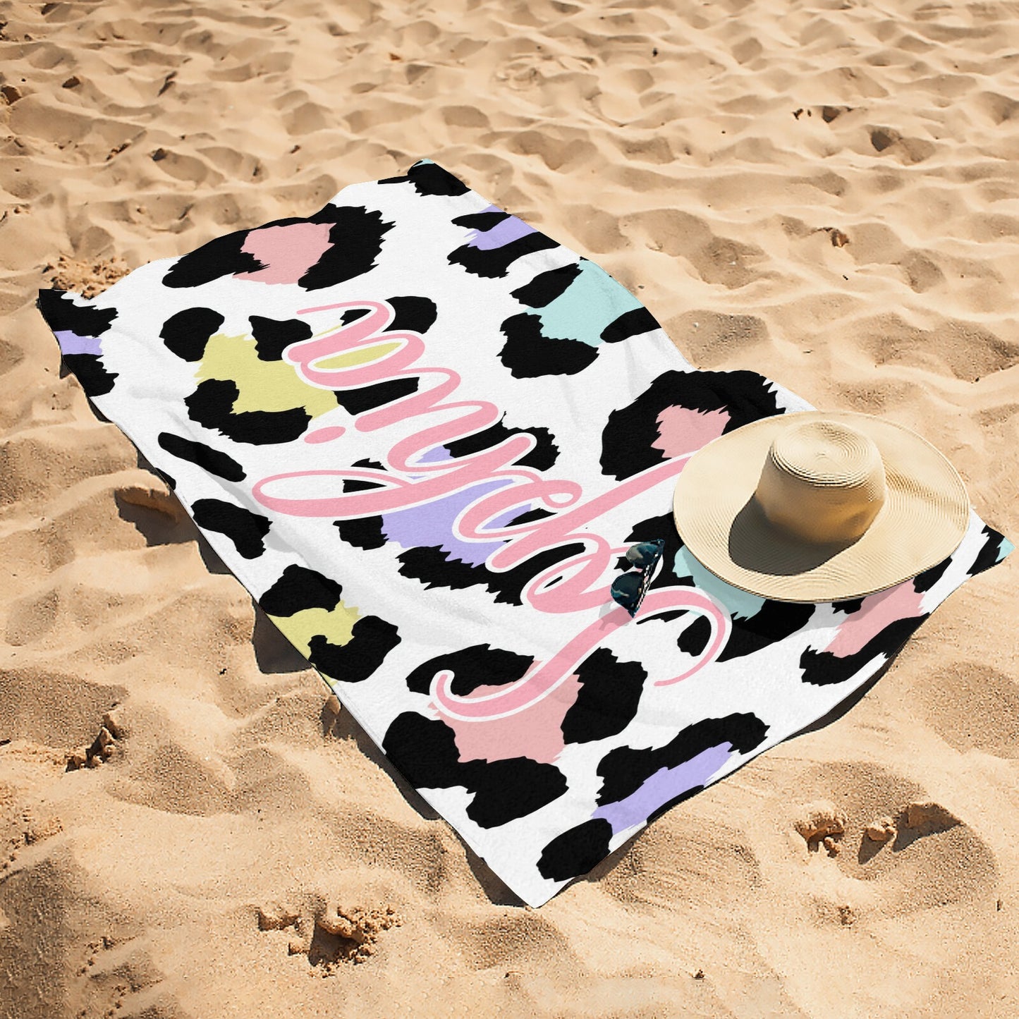 Leopard Print Beach Towel Custom Cotton/Poly Blend Pool Towel - Blue - Personalize with Your Name - Standard Size
