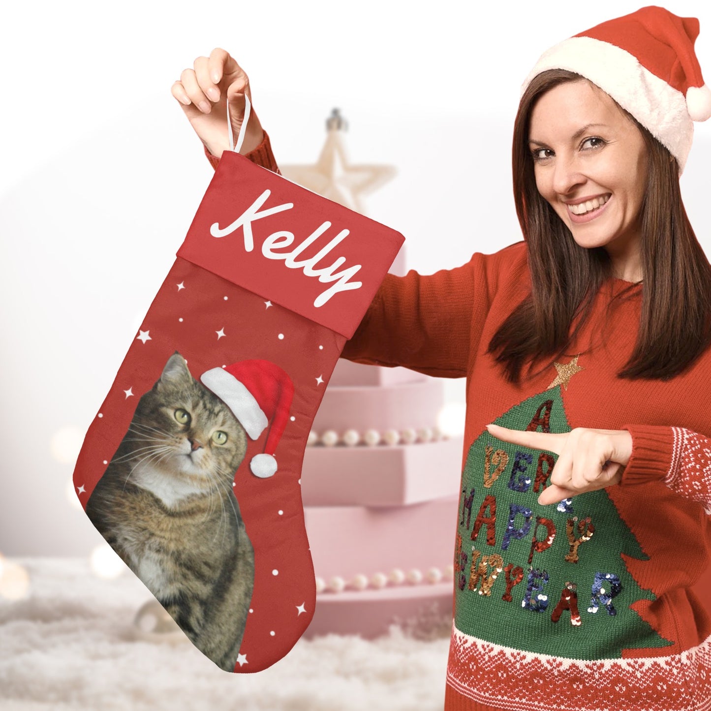 Cat Red Christmas Stocking Custom Name Santa Socks Gift