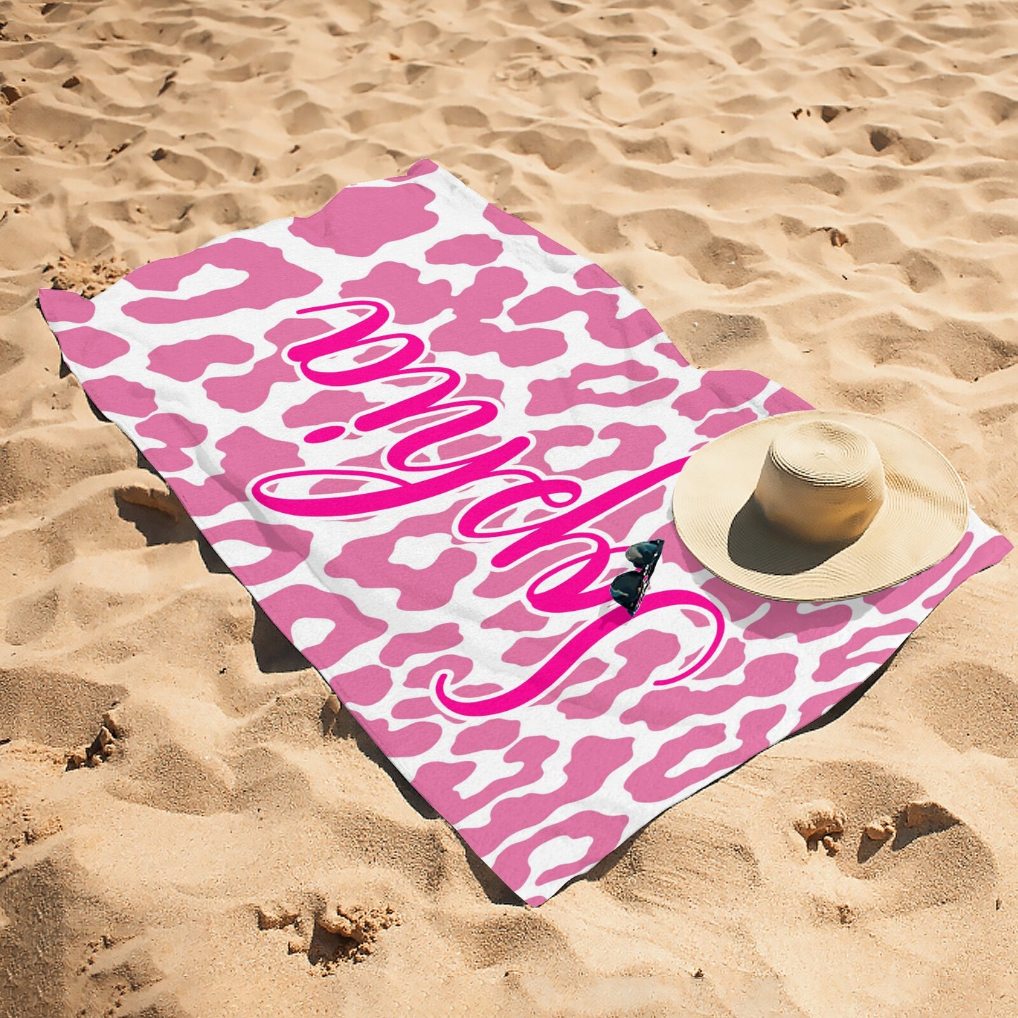 Pink Leopard Print Beach Towel Custom Cotton/Poly Blend Pool Towel - Blue - Personalize with Your Name - Standard Size