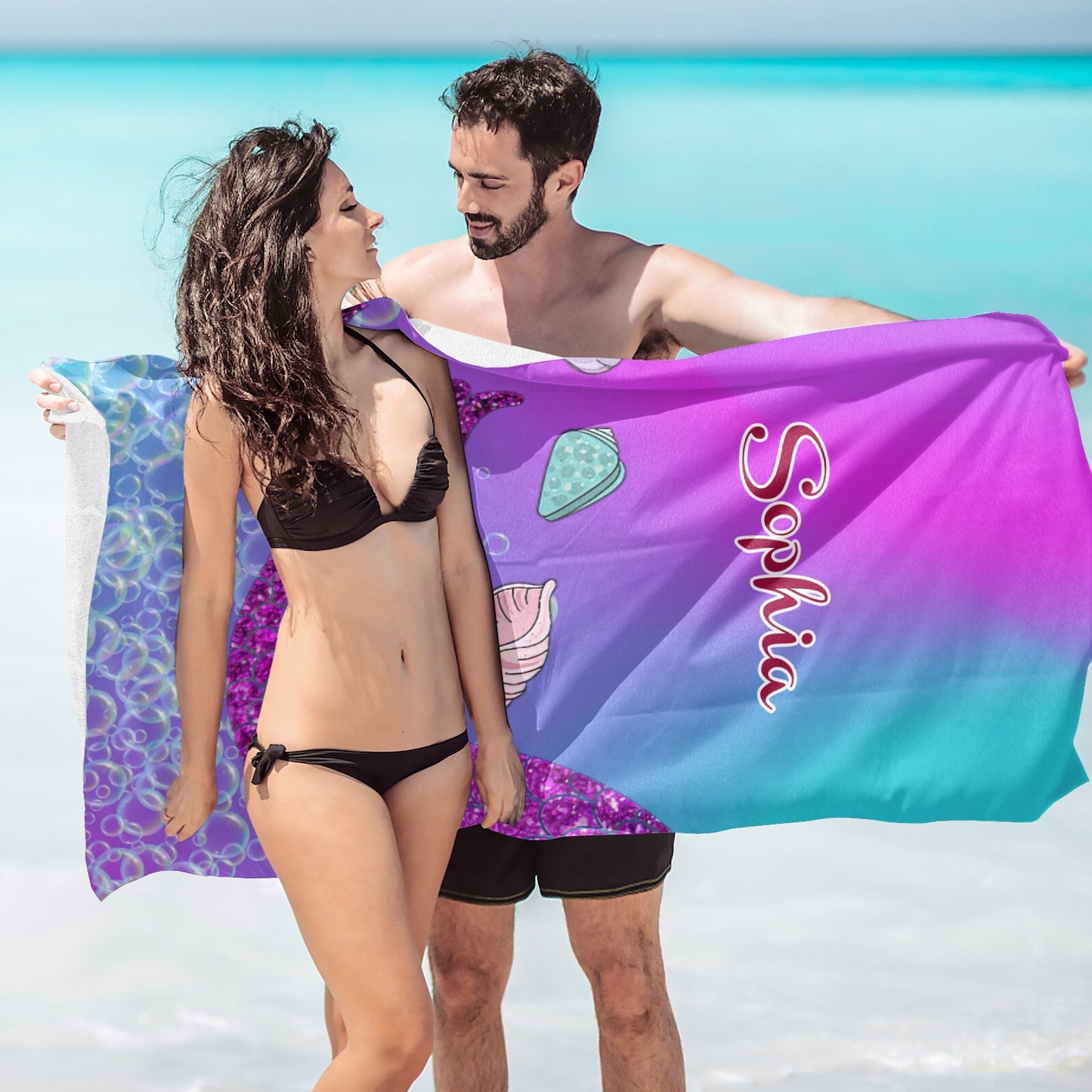 Mermaid Tail Beach Towel Custom Cotton/Poly Blend Pool Towel - Blue - Personalize with Your Name - Standard Size