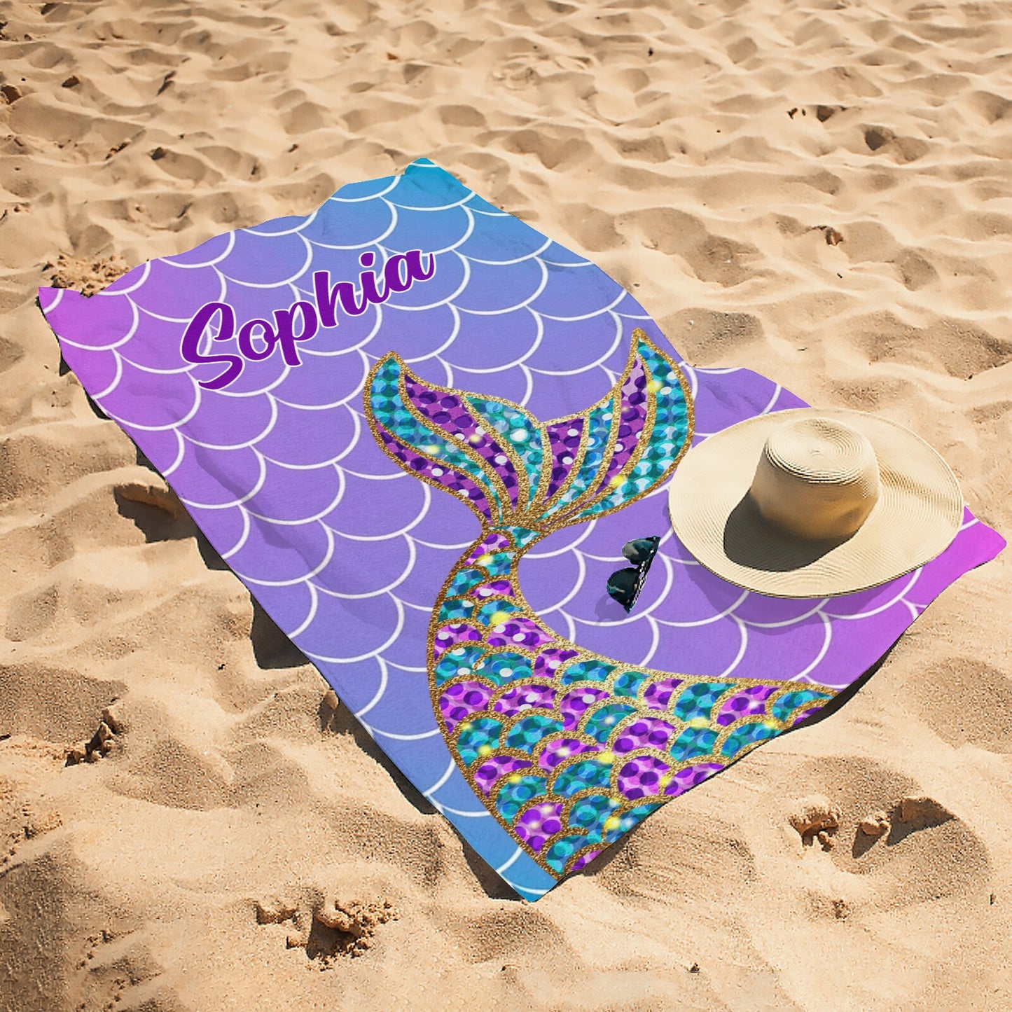 Purple Mermaid Tail Beach Towel Custom Cotton/Poly Blend Pool Towel - Blue - Personalize with Your Name - Standard Size