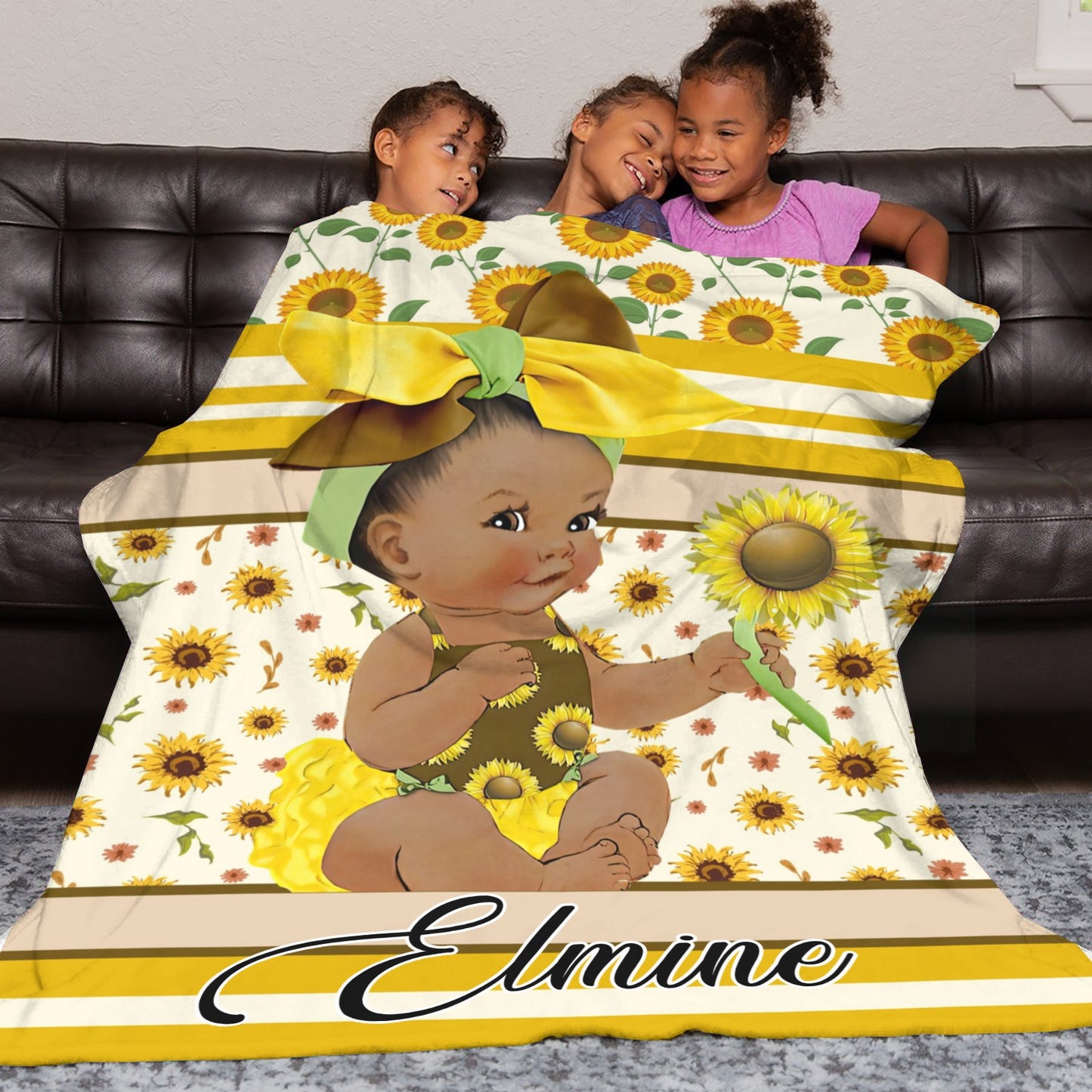 Sunflower Girl Flannel Blanket Custom Name Blanket Gift for Men Women