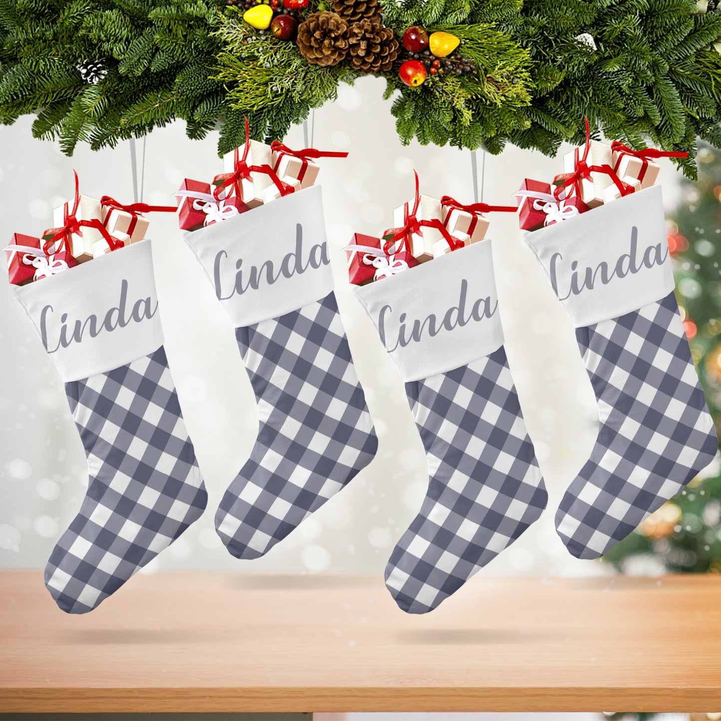 Grey Buffalo Plaid Christmas Stocking Custom Name Christmas Socks Gift