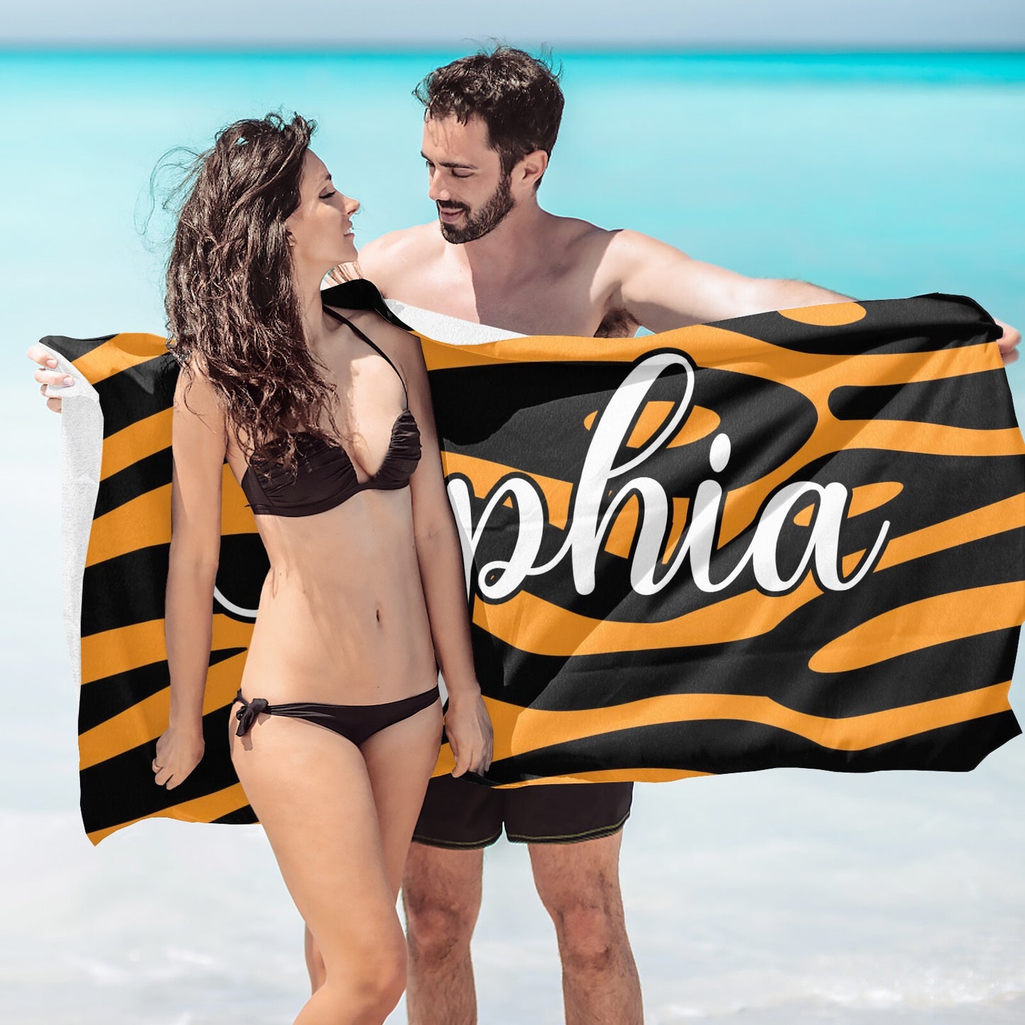 Zebra Print Beach Towel Custom Cotton/Poly Blend Pool Towel - Blue - Personalize with Your Name - Standard Size