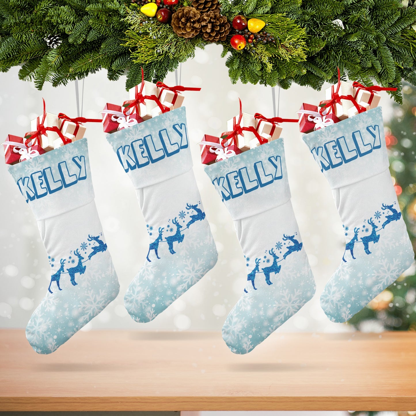 Blue Snowflake Reindeer Christmas Stocking Custom Name Santa Socks Gift