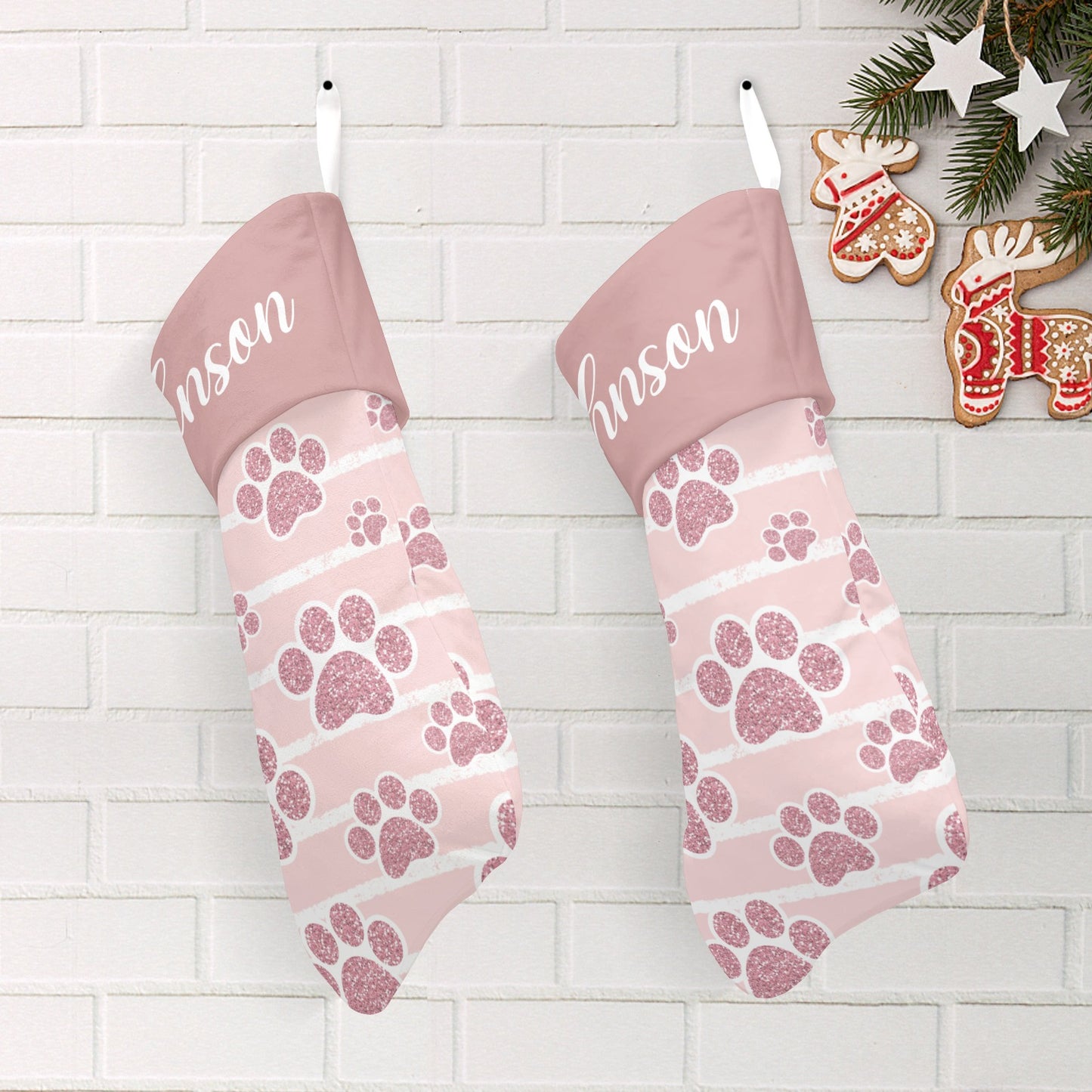 Pink Dog Paw Christmas Stocking Custom Name Christmas Socks Gift