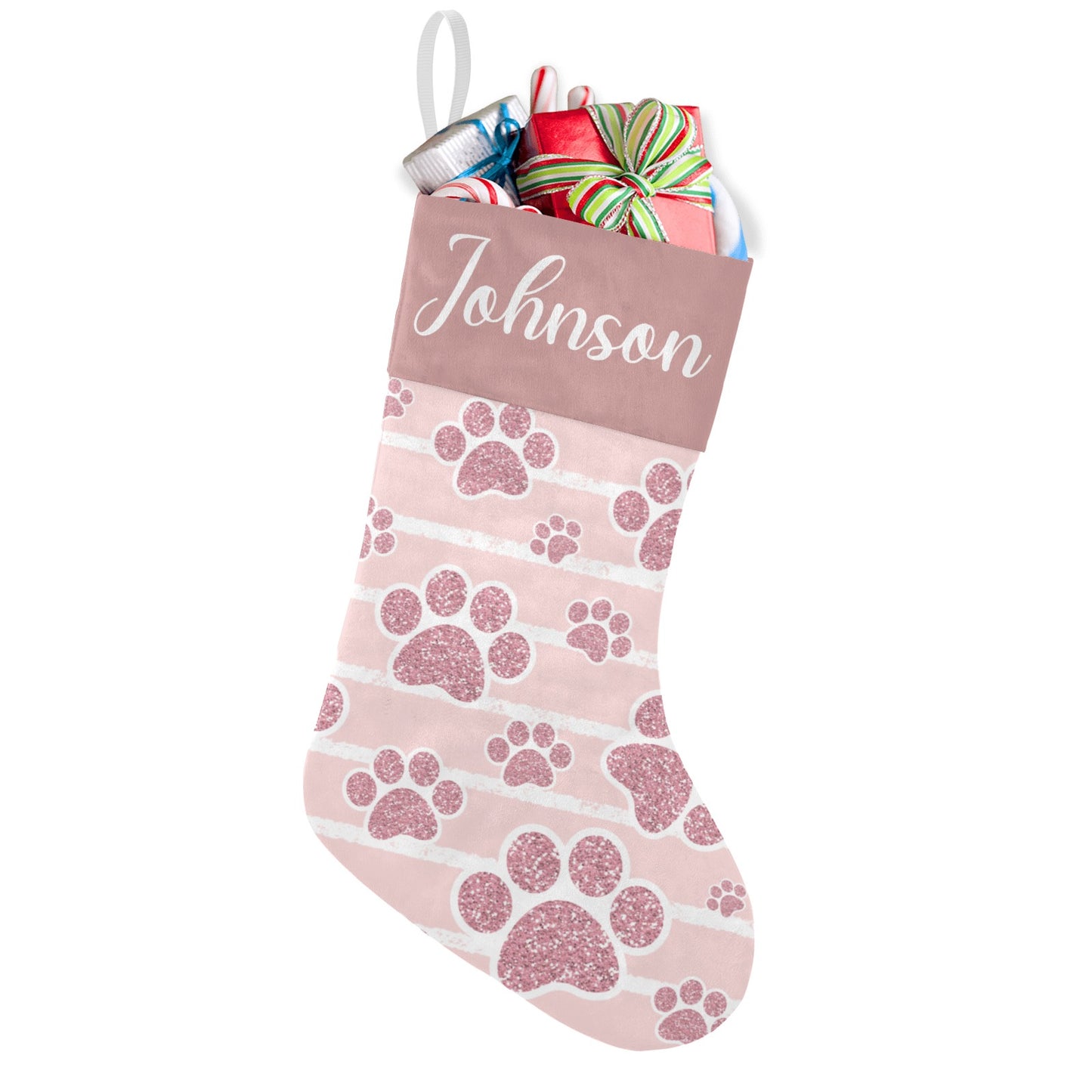 Pink Dog Paw Christmas Stocking Custom Name Christmas Socks Gift