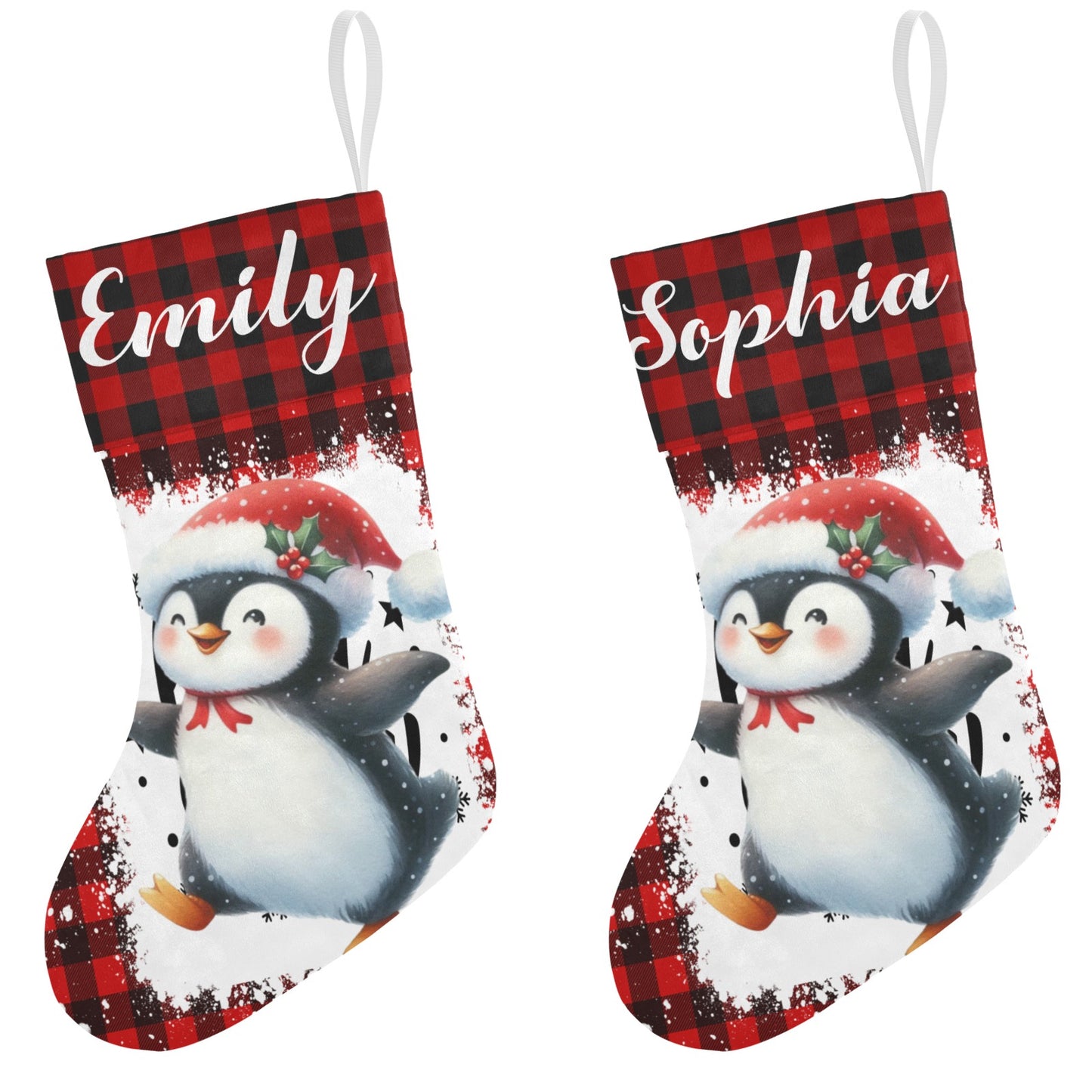Buffalo Plaid Penguin Christmas Stocking Custom Name Christmas Socks Gift
