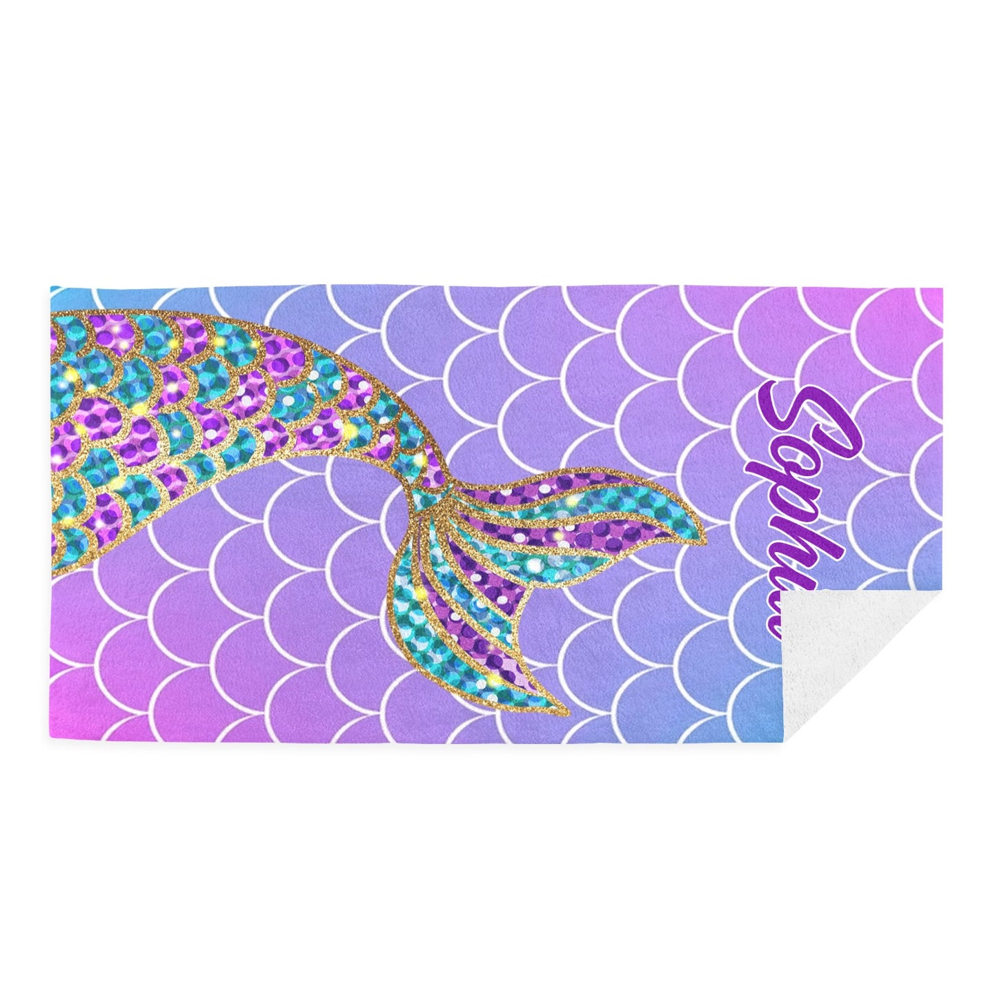 Purple Mermaid Tail Beach Towel Custom Cotton/Poly Blend Pool Towel - Blue - Personalize with Your Name - Standard Size