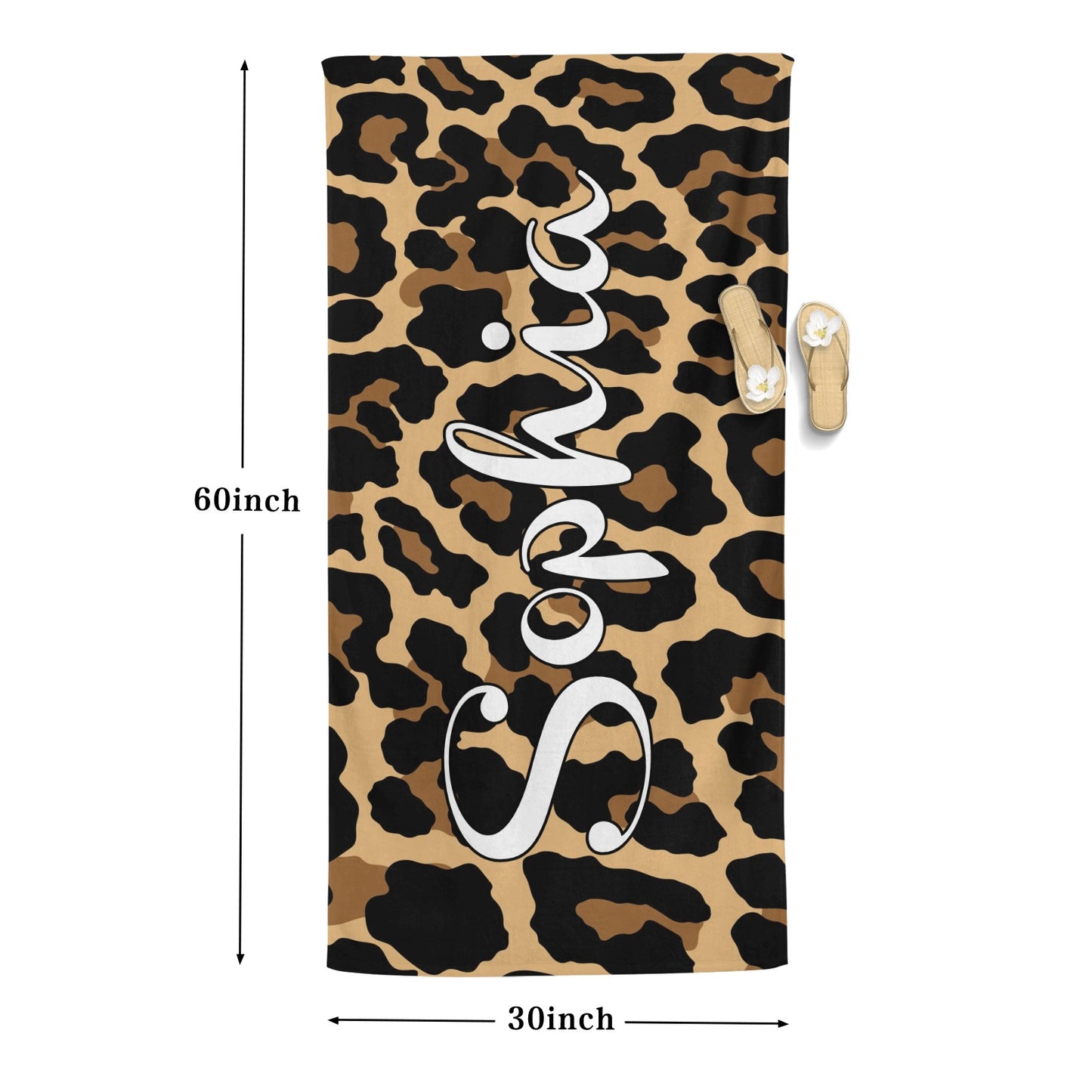 Leopard Print Beach Towel Custom Cotton/Poly Blend Pool Towel - Blue - Personalize with Your Name - Standard Size