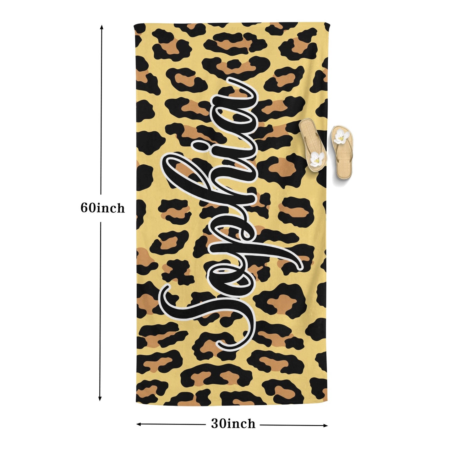 Leopard Print Yellow Beach Towel Custom Cotton/Poly Blend Pool Towel - Blue - Personalize with Your Name - Standard Size