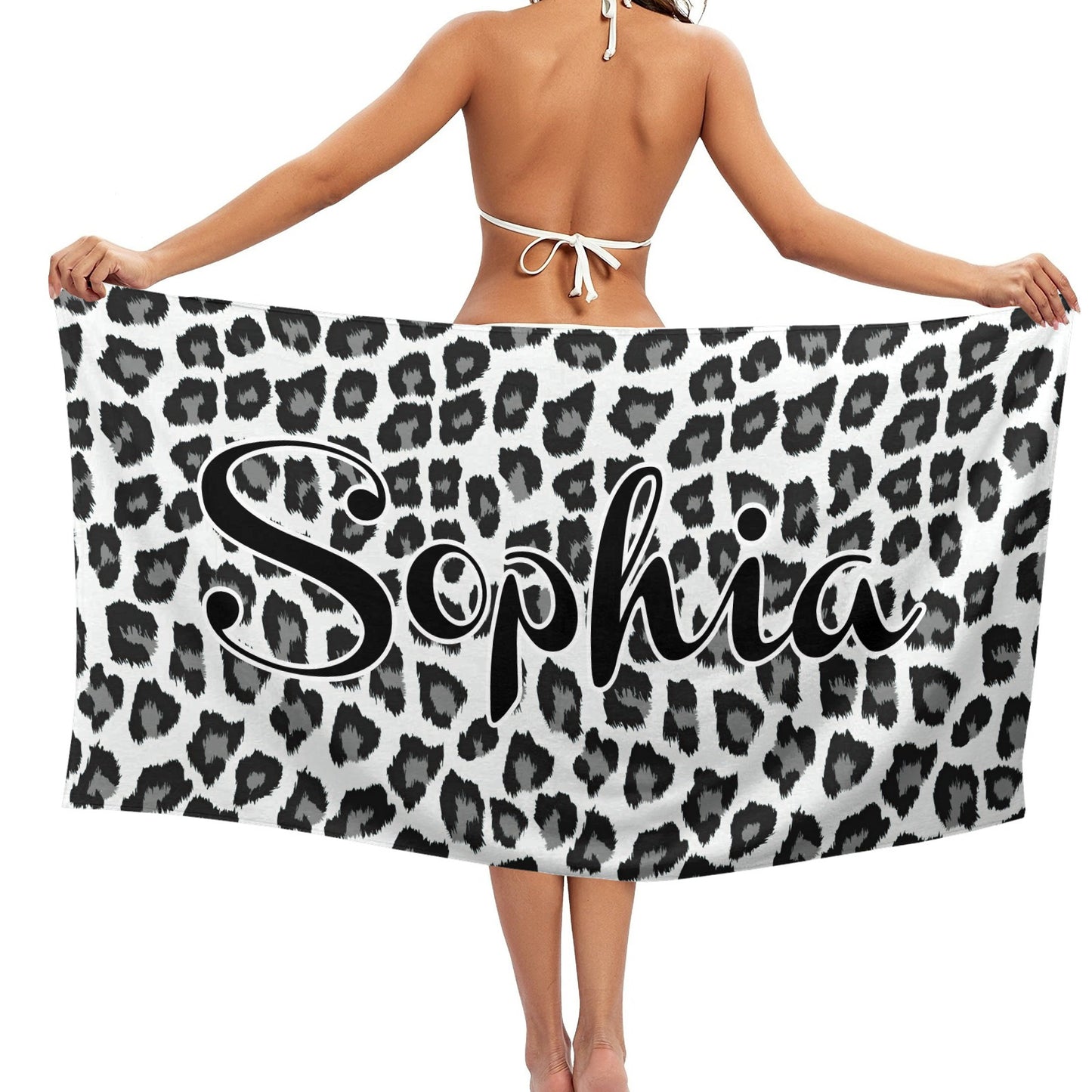 Leopard Print Grey Beach Towel Custom Cotton/Poly Blend Pool Towel - Blue - Personalize with Your Name - Standard Size