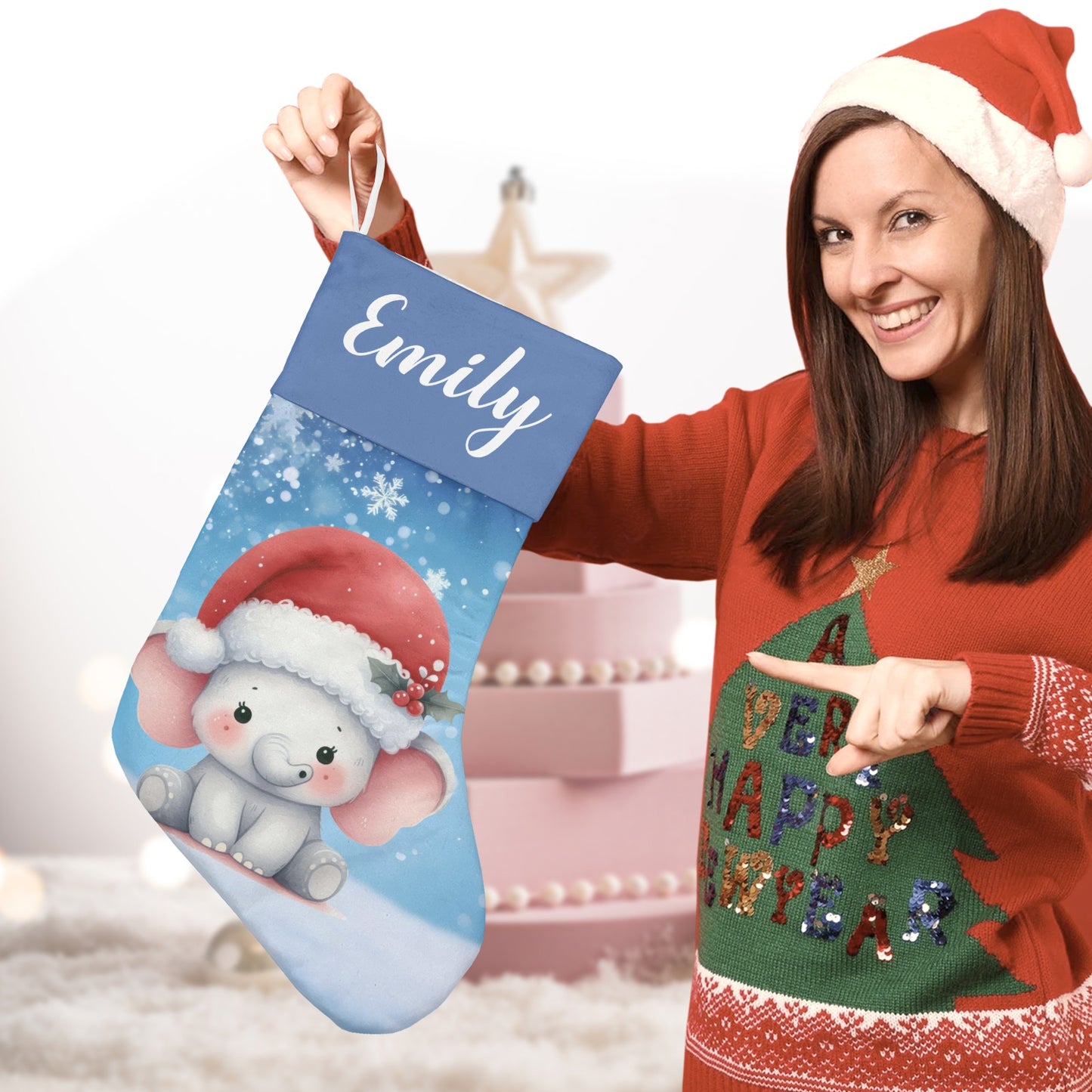 Cute Elephant Christmas Stocking Custom Name Christmas Socks Gift