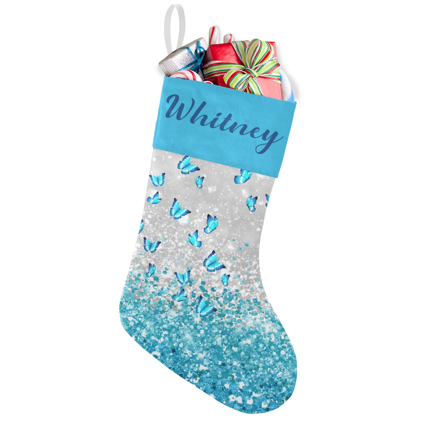 Blue Butterfly Christmas Stocking Custom Name Christmas Socks Gift