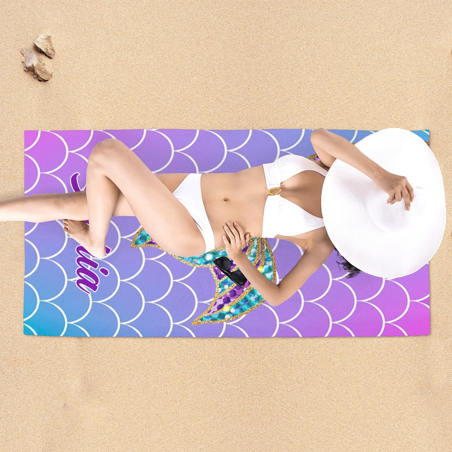 Purple Mermaid Tail Beach Towel Custom Cotton/Poly Blend Pool Towel - Blue - Personalize with Your Name - Standard Size