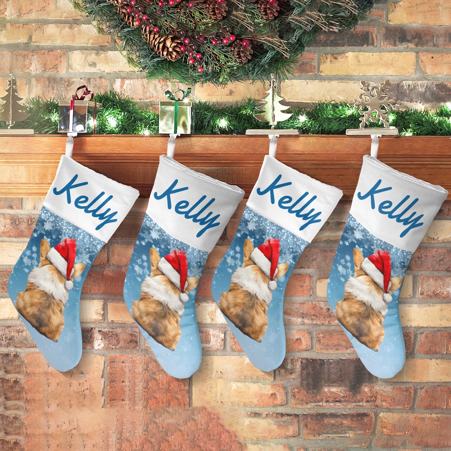 Dog Sky Blue Christmas Hat Christmas Stocking Custom Name Santa Socks Gift