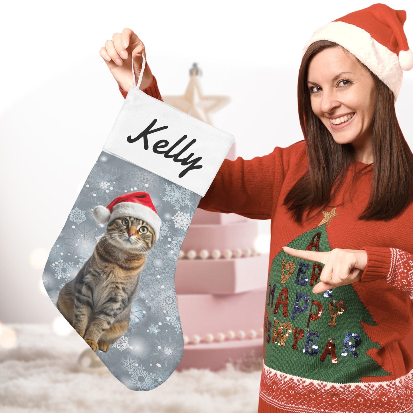 Cat Christmas Stocking Custom Name Santa Socks Gift