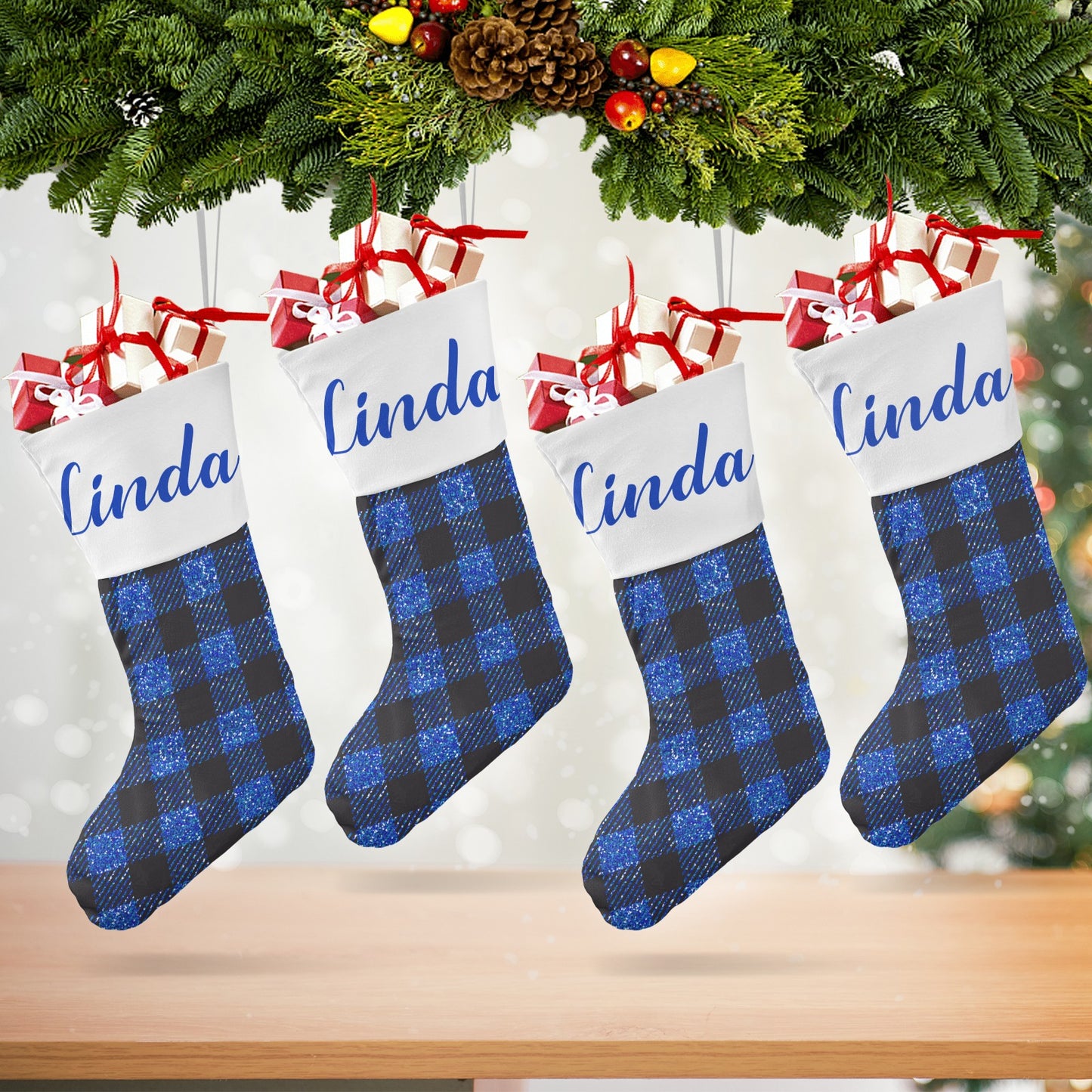 Blue Buffalo Plaid Christmas Stocking Custom Name Christmas Socks Gift