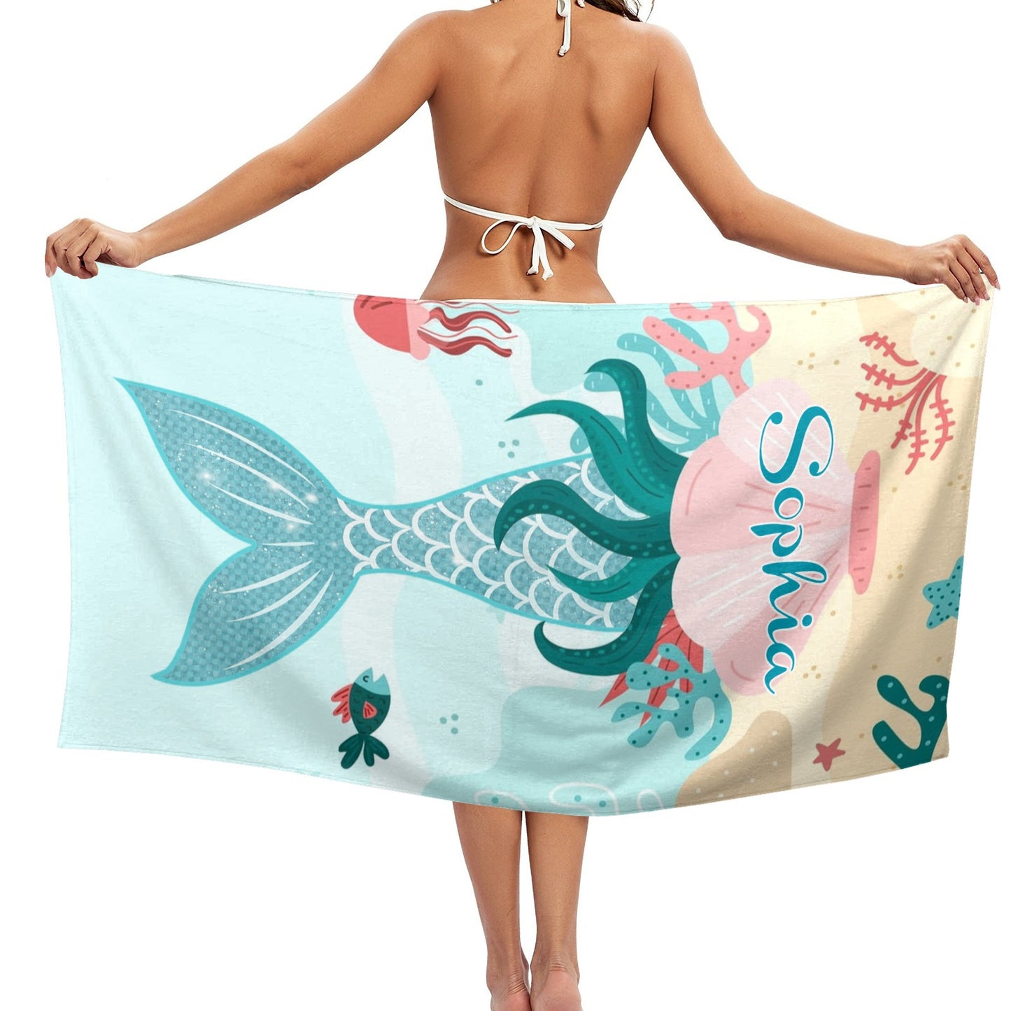 Mermaid Green Beach Towel Custom Cotton/Poly Blend Pool Towel - Blue - Personalize with Your Name - Standard Size